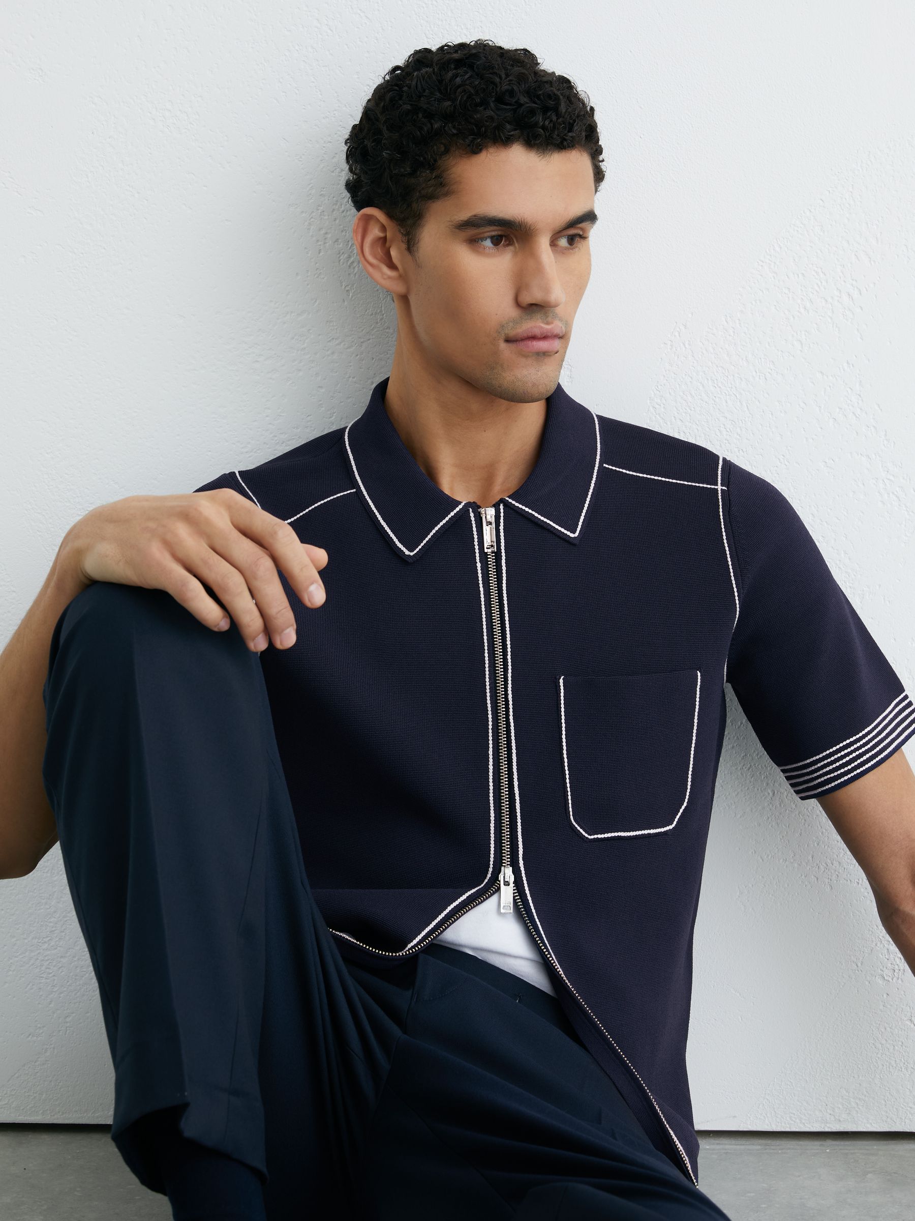 Stitch-Detail Zip-Through Knit Shirt in Navy - Image 4 of 6