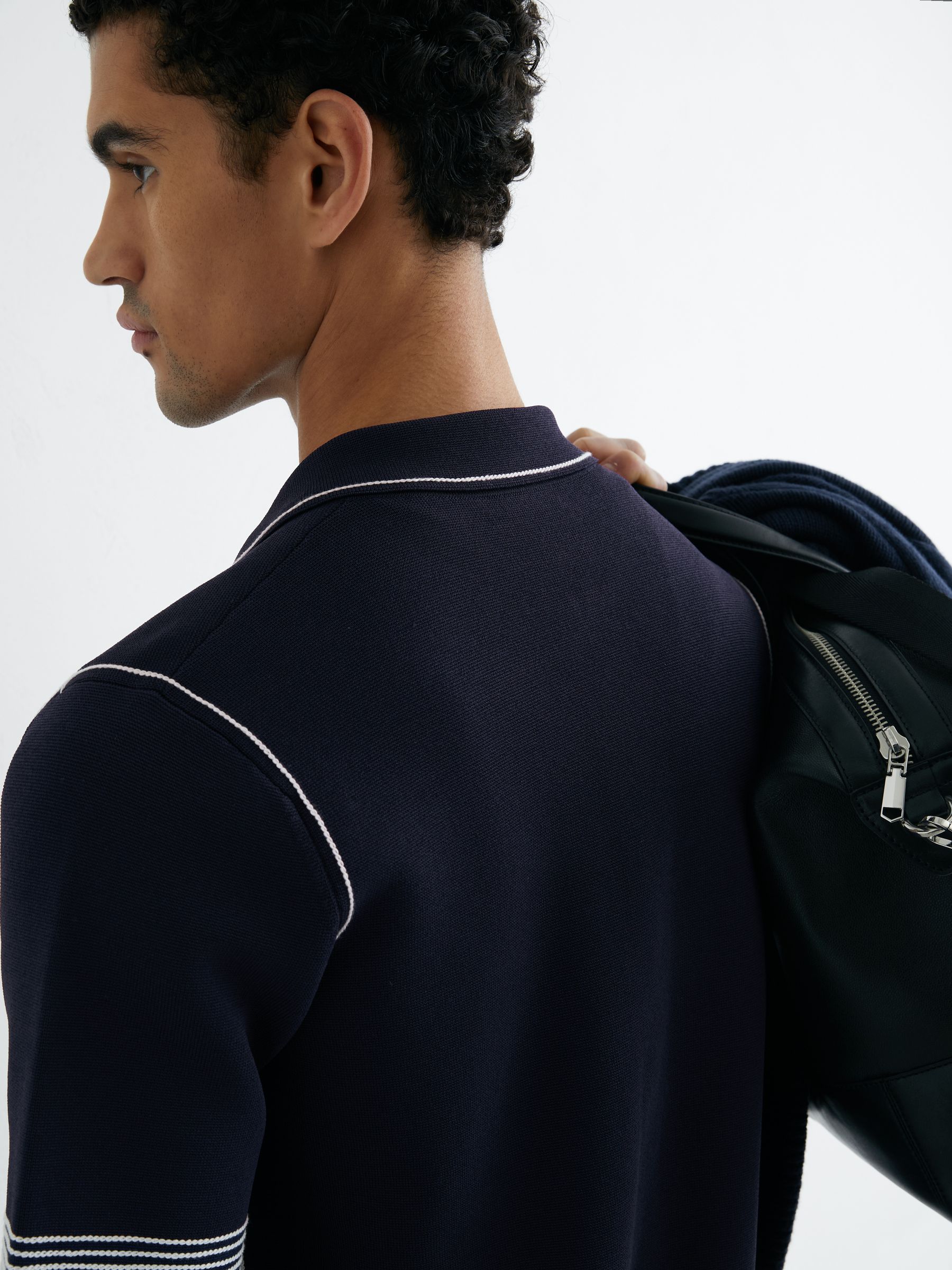 Stitch-Detail Zip-Through Knit Shirt in Navy - Image 5 of 6