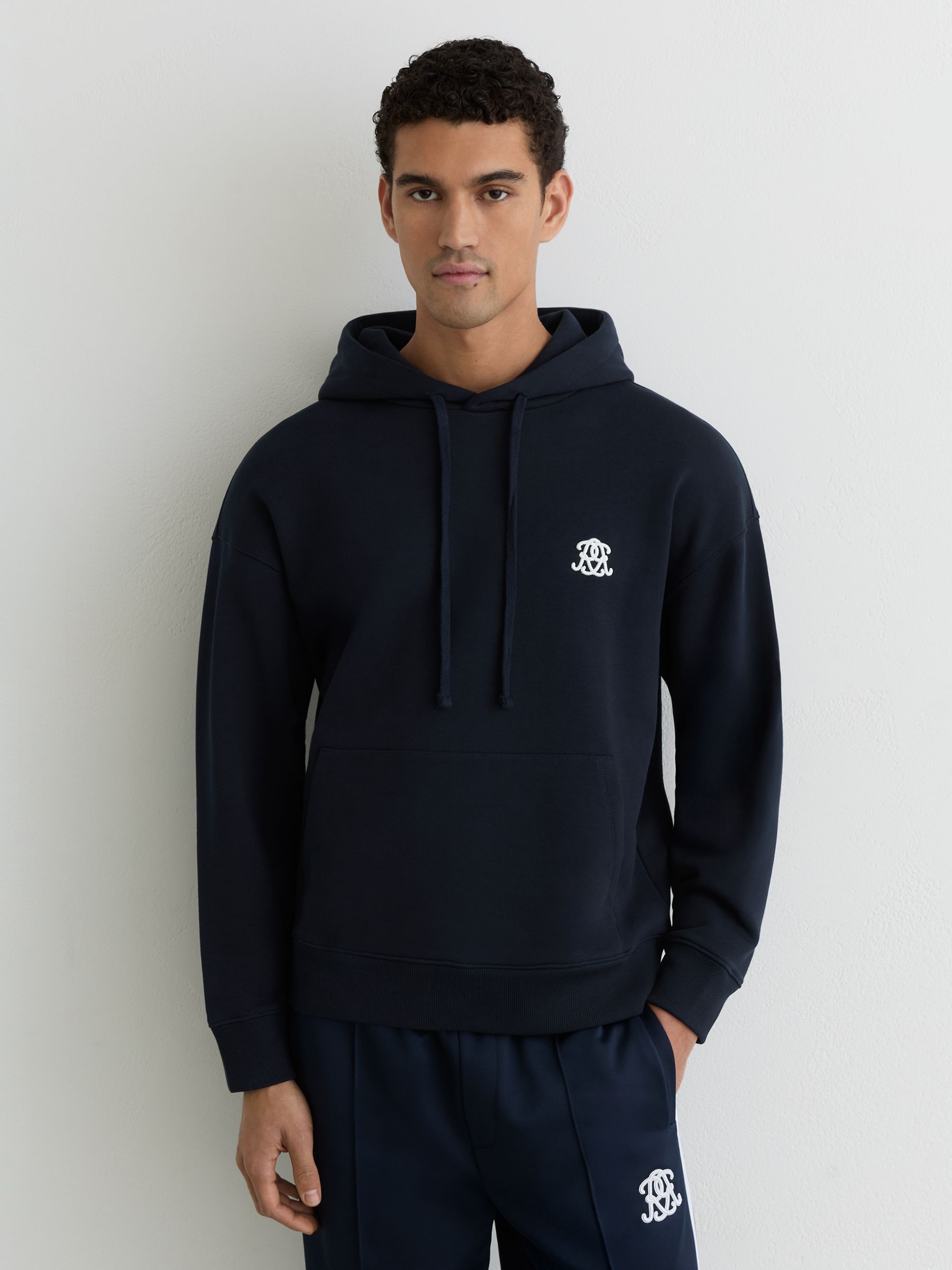 Monogram Embroidered Relaxed Hoodie in Navy - Image 1 of 6 Monogram Embroidered Relaxed Hoodie in Navy - Image 1 of 6