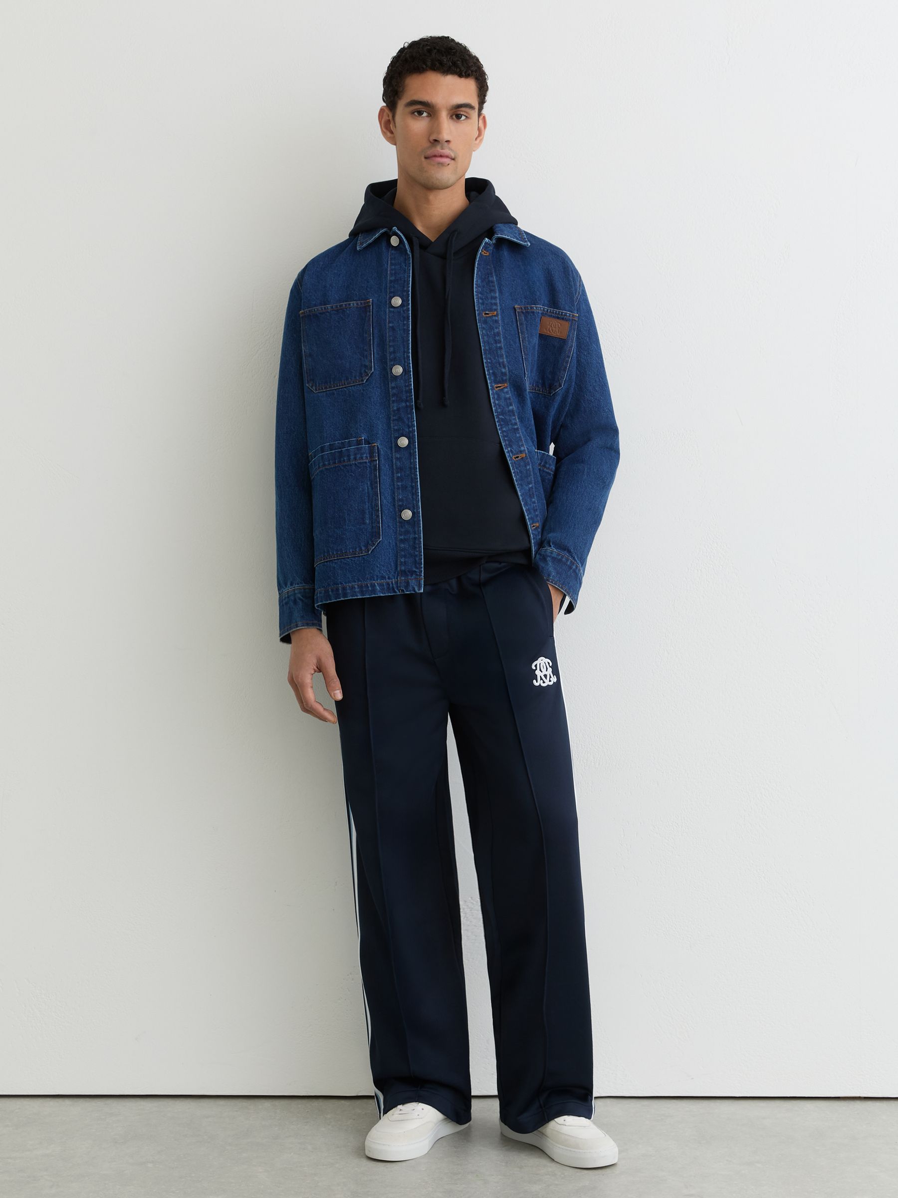 Monogram Embroidered Relaxed Hoodie in Navy - Image 3 of 6