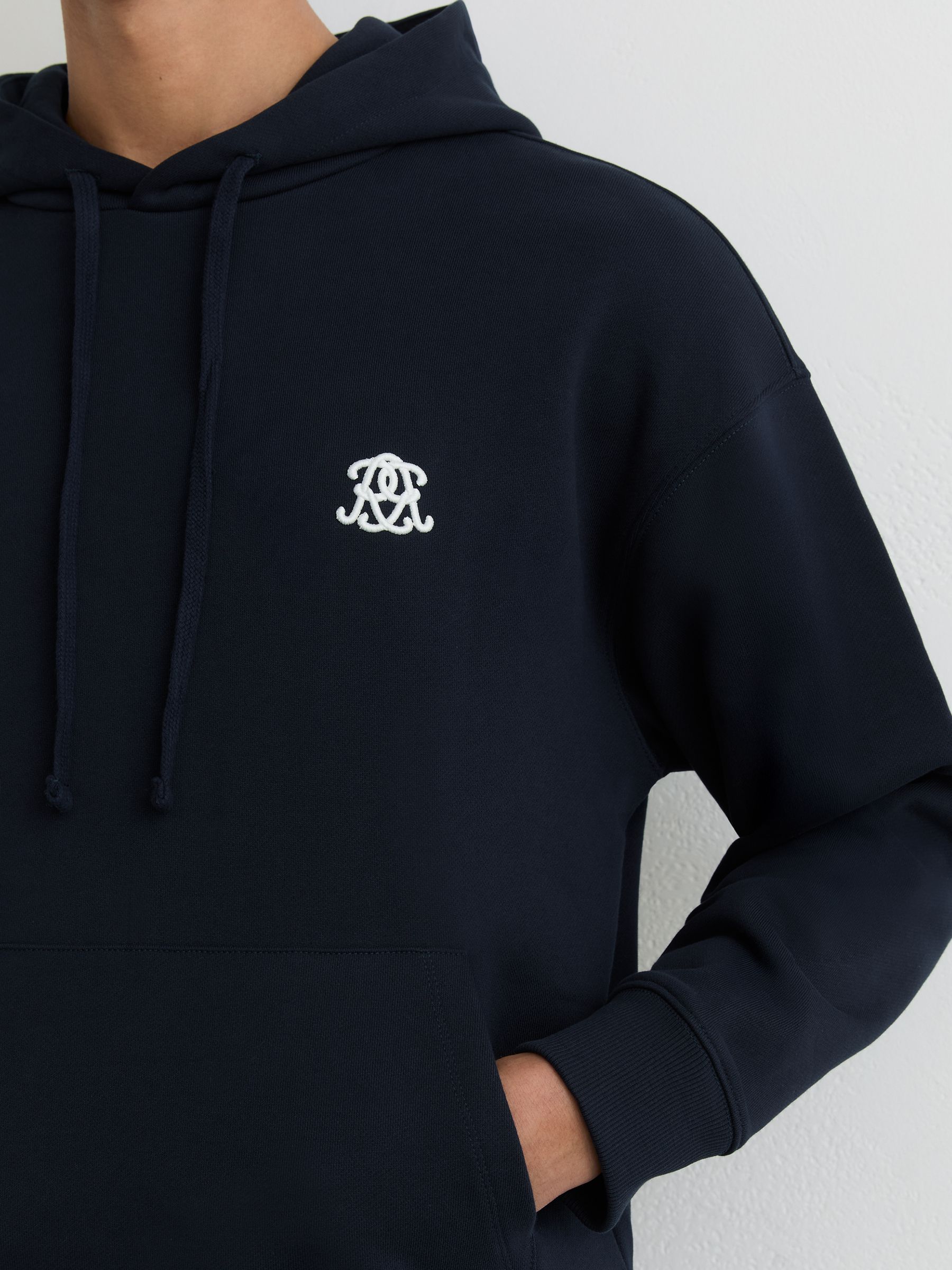 Monogram Embroidered Relaxed Hoodie in Navy - Image 4 of 6