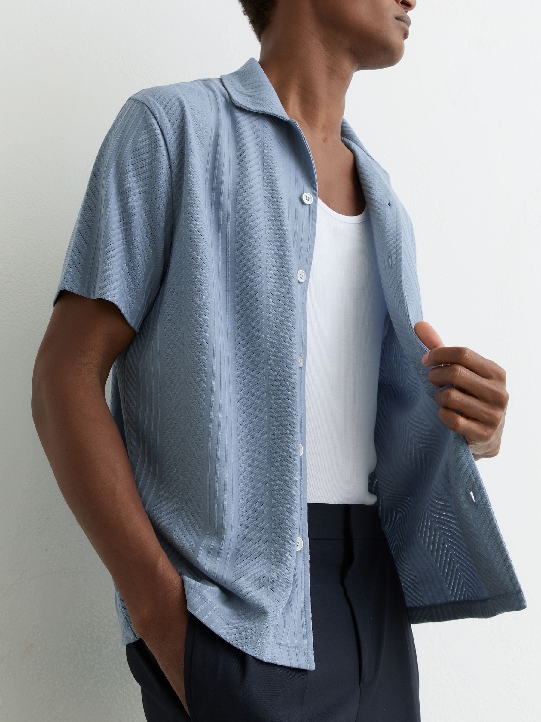 Jacquard Cuban-Collar Shirt in Soft Blue - Image 1 of 7