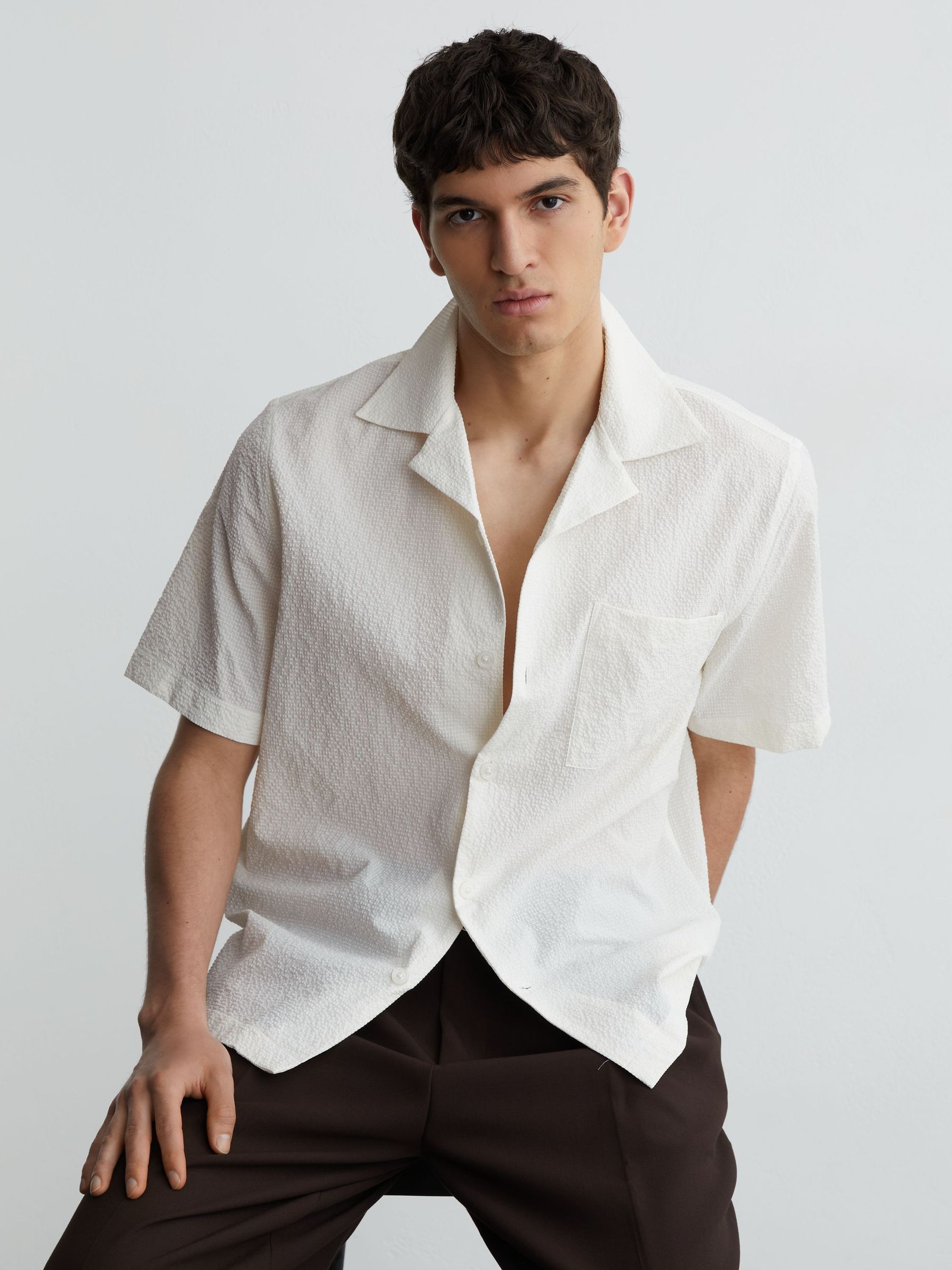 Textured Cuban-Collar Short-Sleeve Shirt in Off White - Image 1 of 6