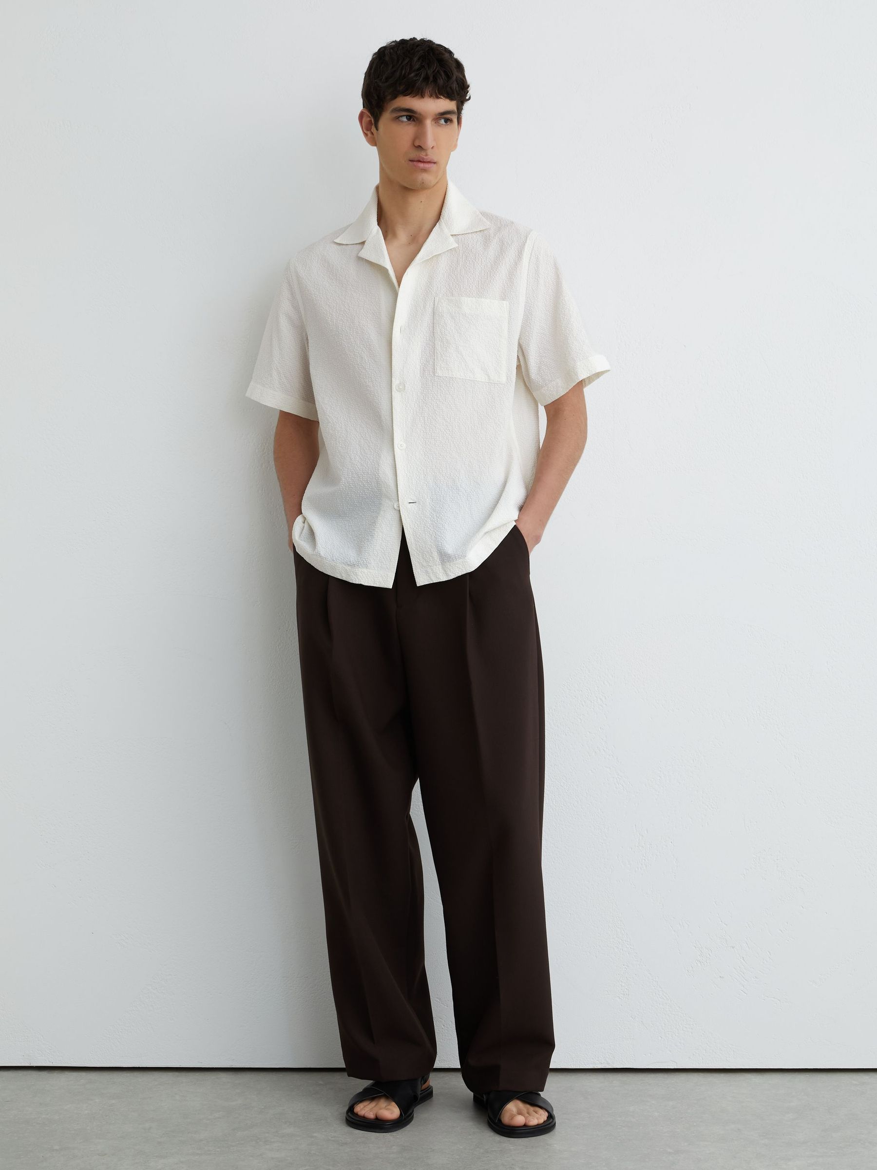 Textured Cuban-Collar Short-Sleeve Shirt in Off White - Image 3 of 6