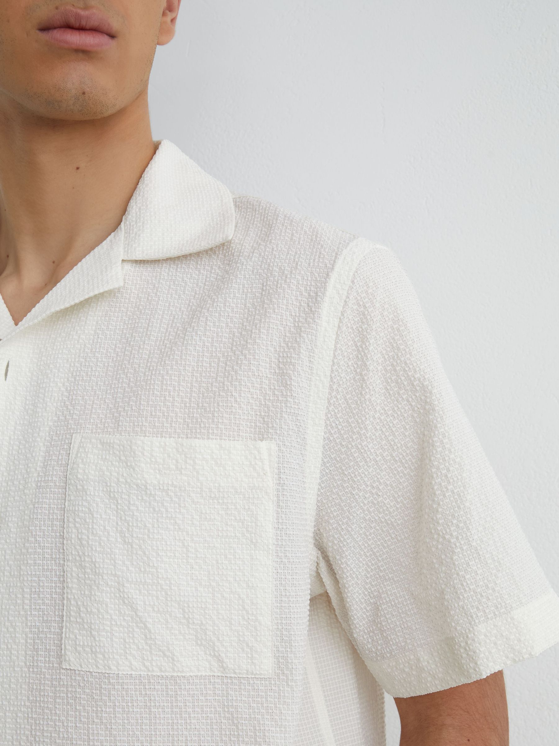 Textured Cuban-Collar Short-Sleeve Shirt in Off White - image 5