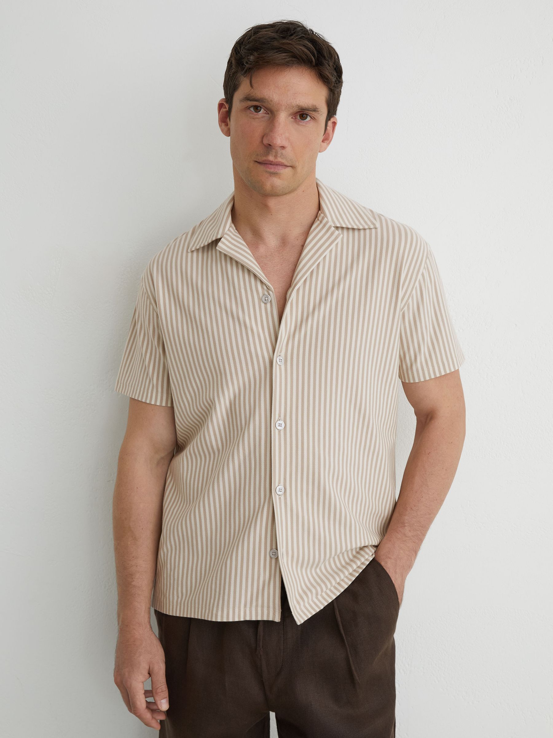 Cotton-Blend Stripe Cuban-Collar Shirt in Stone/White - image 2