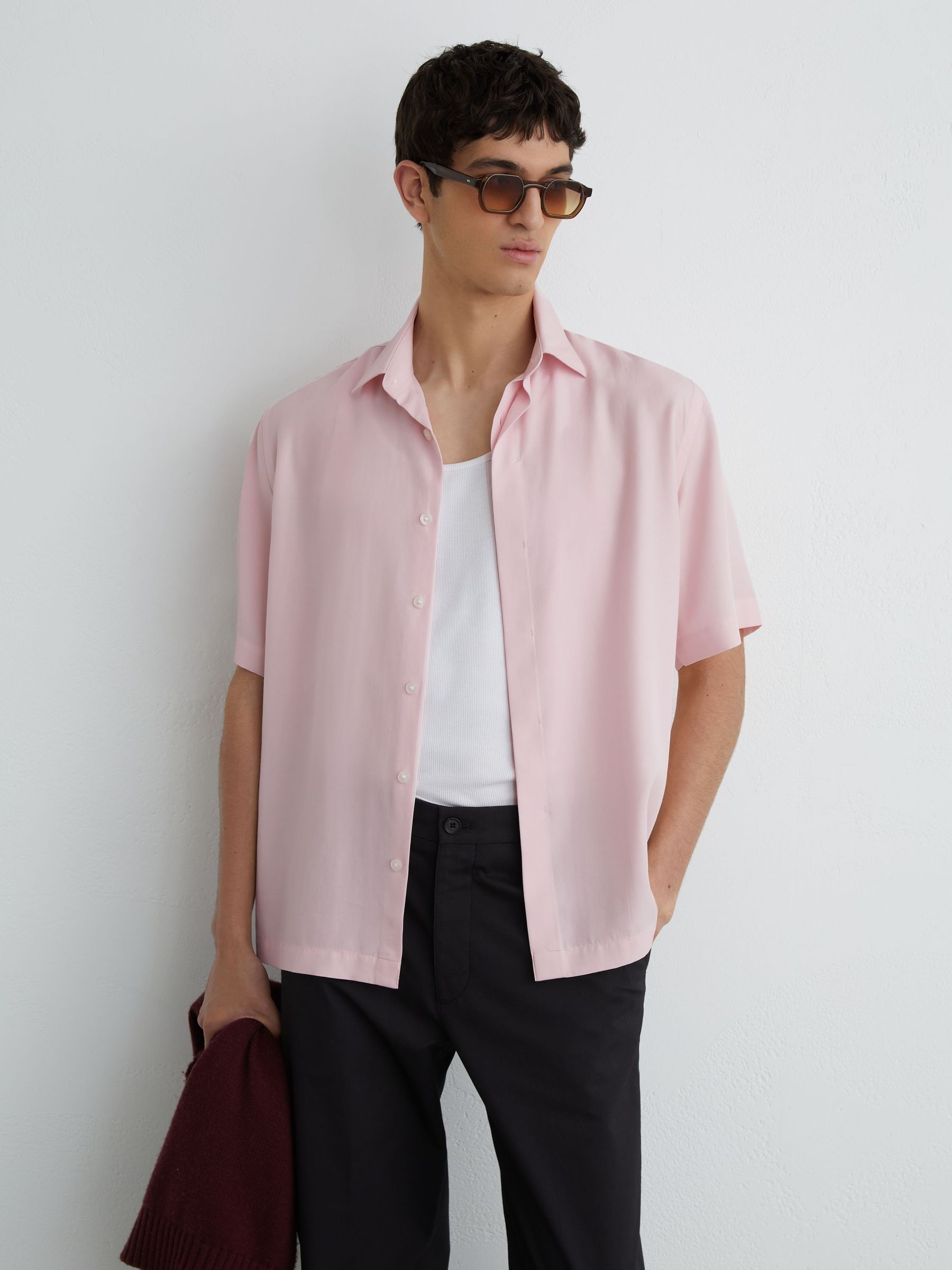 Lyocell-Linen Short-Sleeve Shirt in Soft Pink - Image 1 of 5