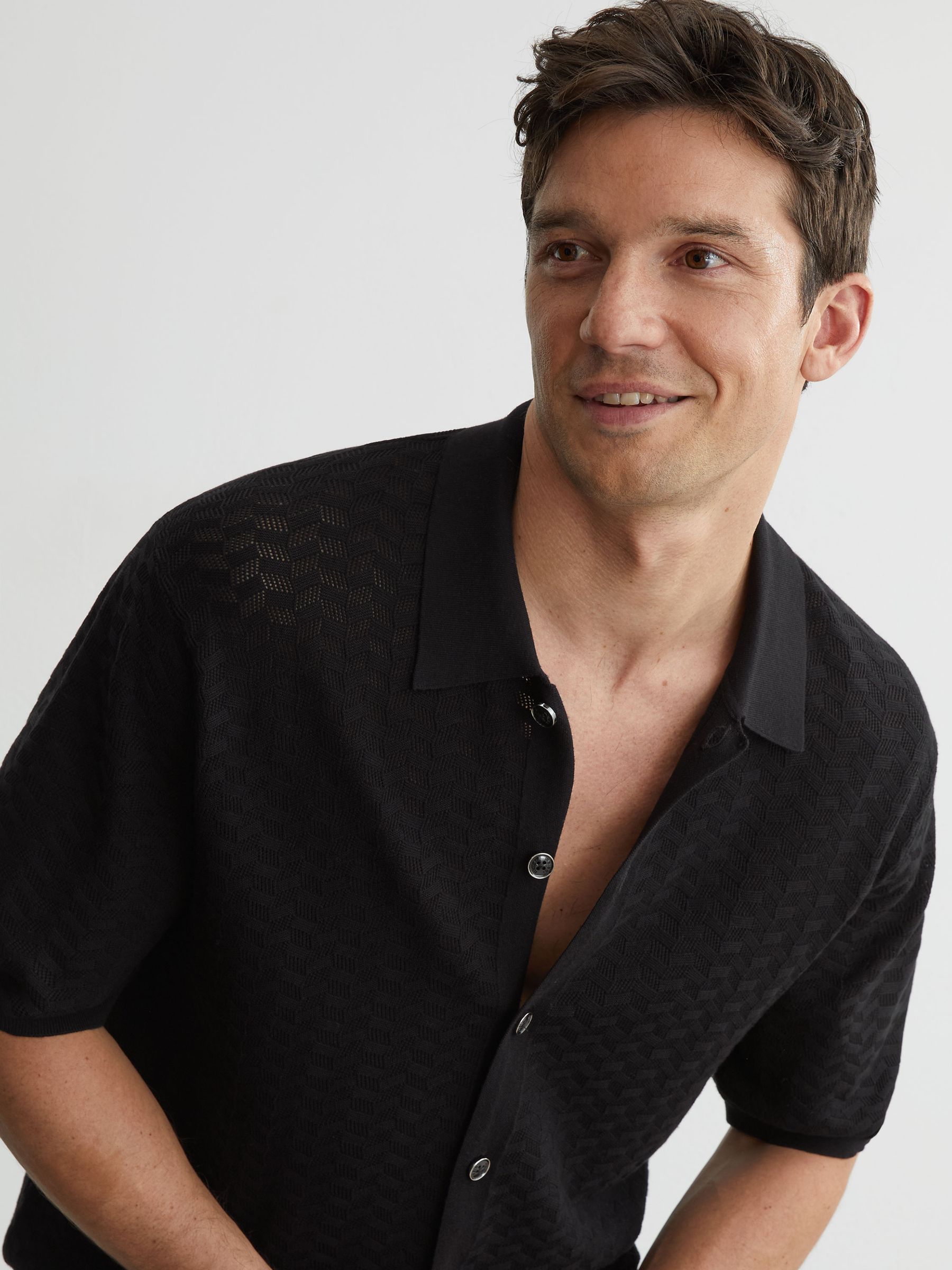 Textured-Knit Button-Through Shirt in Black - Image 1 of 7