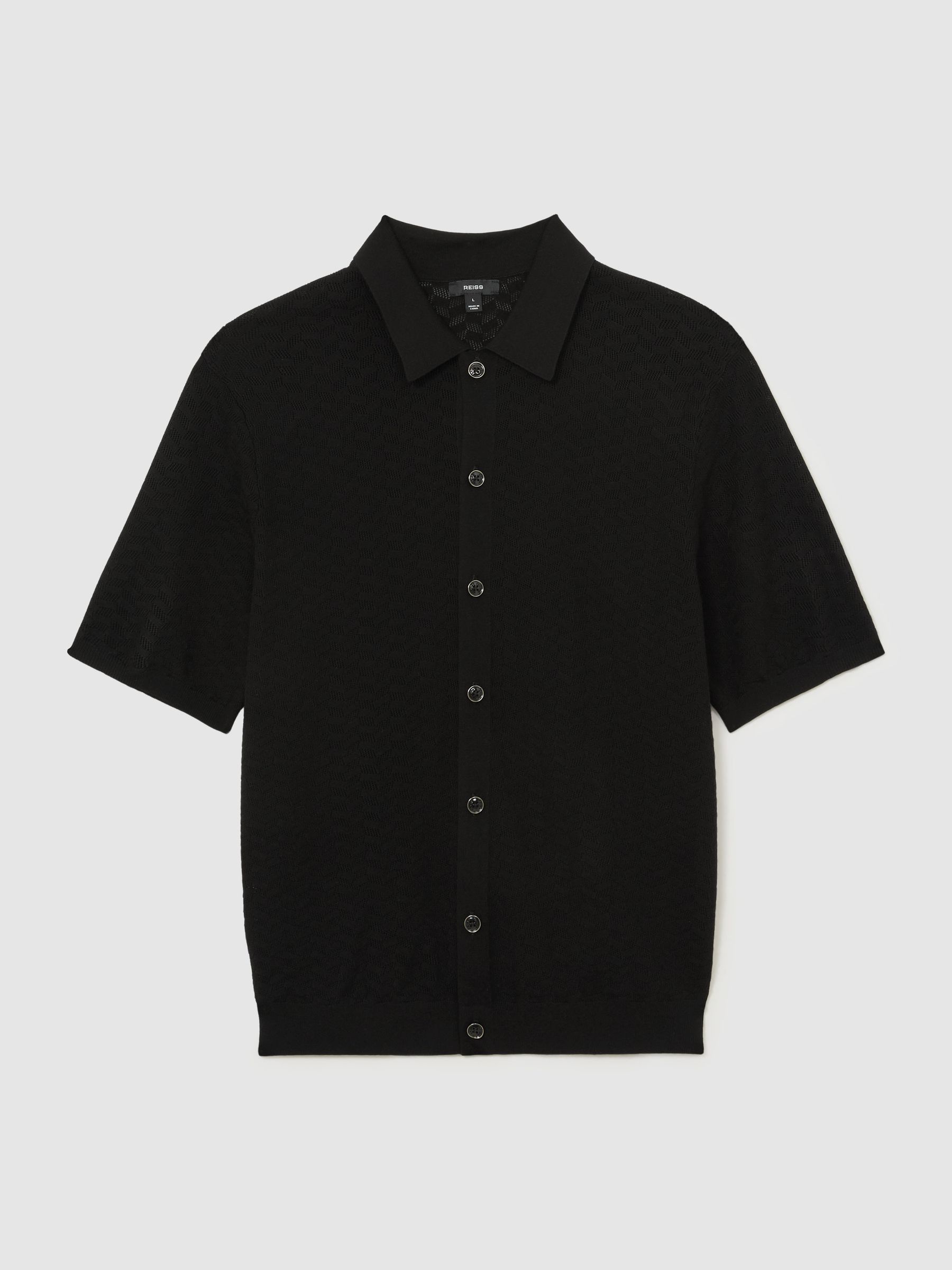 Textured-Knit Button-Through Shirt in Black - Image 2 of 7