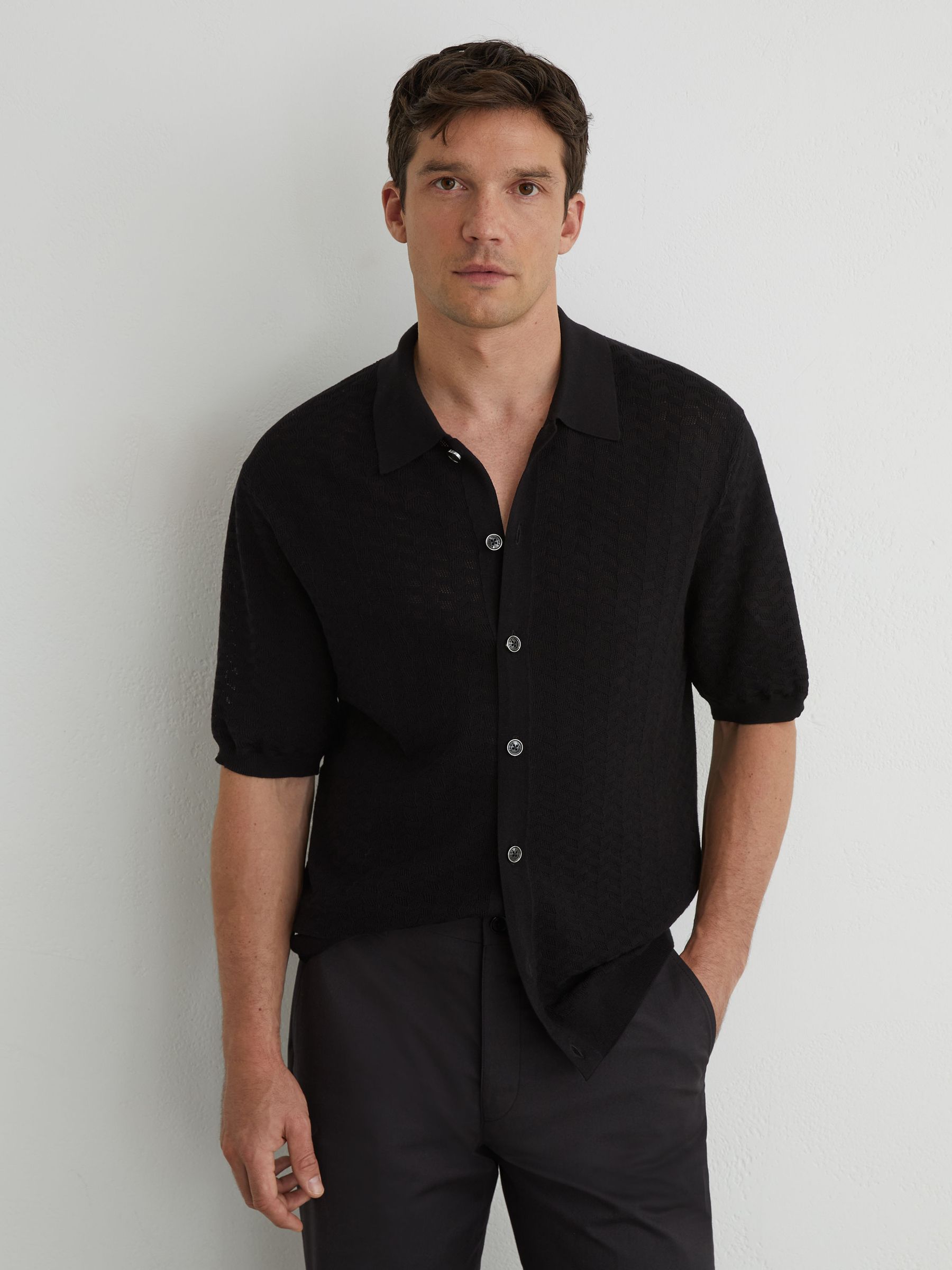 Textured-Knit Button-Through Shirt in Black - Image 3 of 7