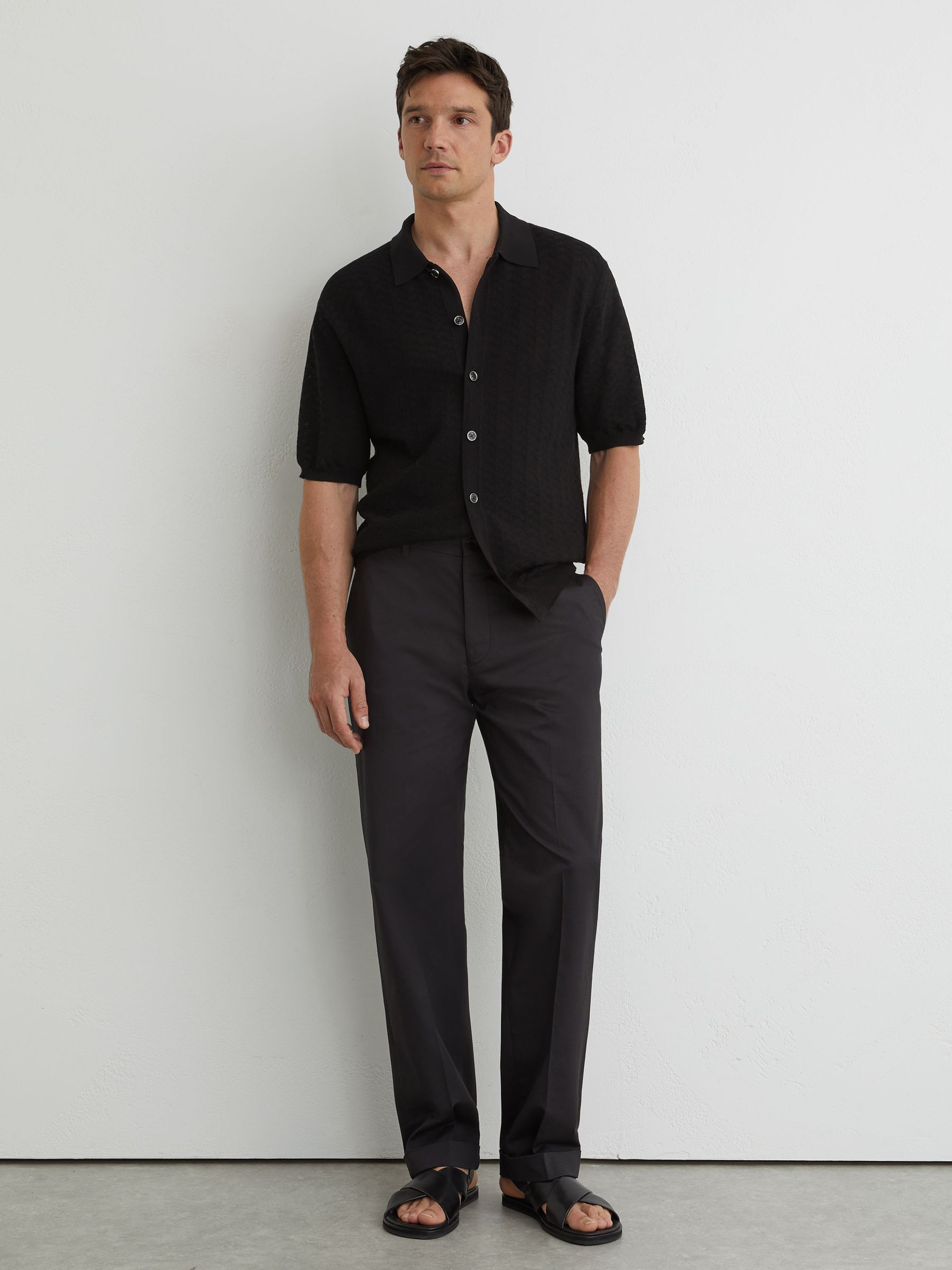 Textured-Knit Button-Through Shirt in Black - Image 5 of 7