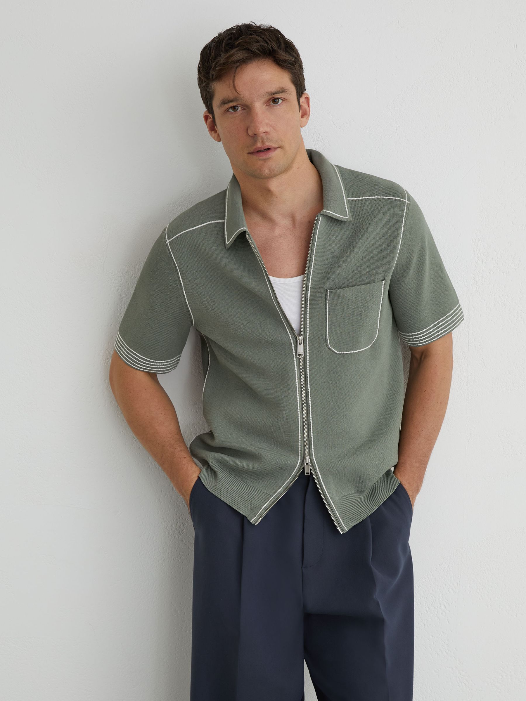 Stitch-Detail Zip-Through Knit Shirt in Sage - Image 1 of 7