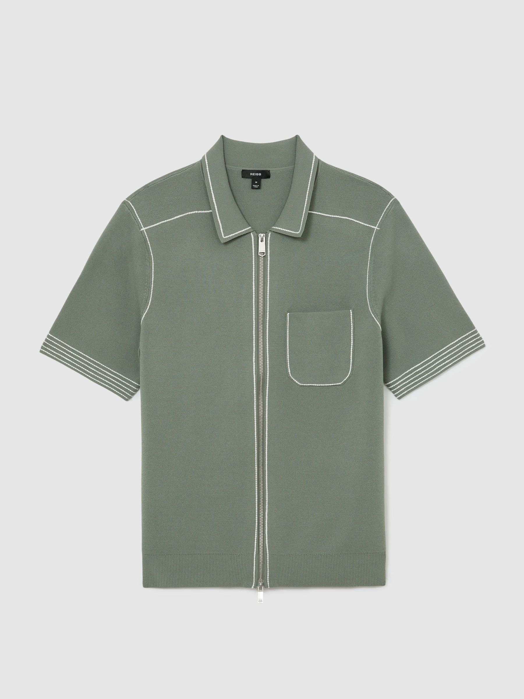 Stitch-Detail Zip-Through Knit Shirt in Sage - Image 2 of 7