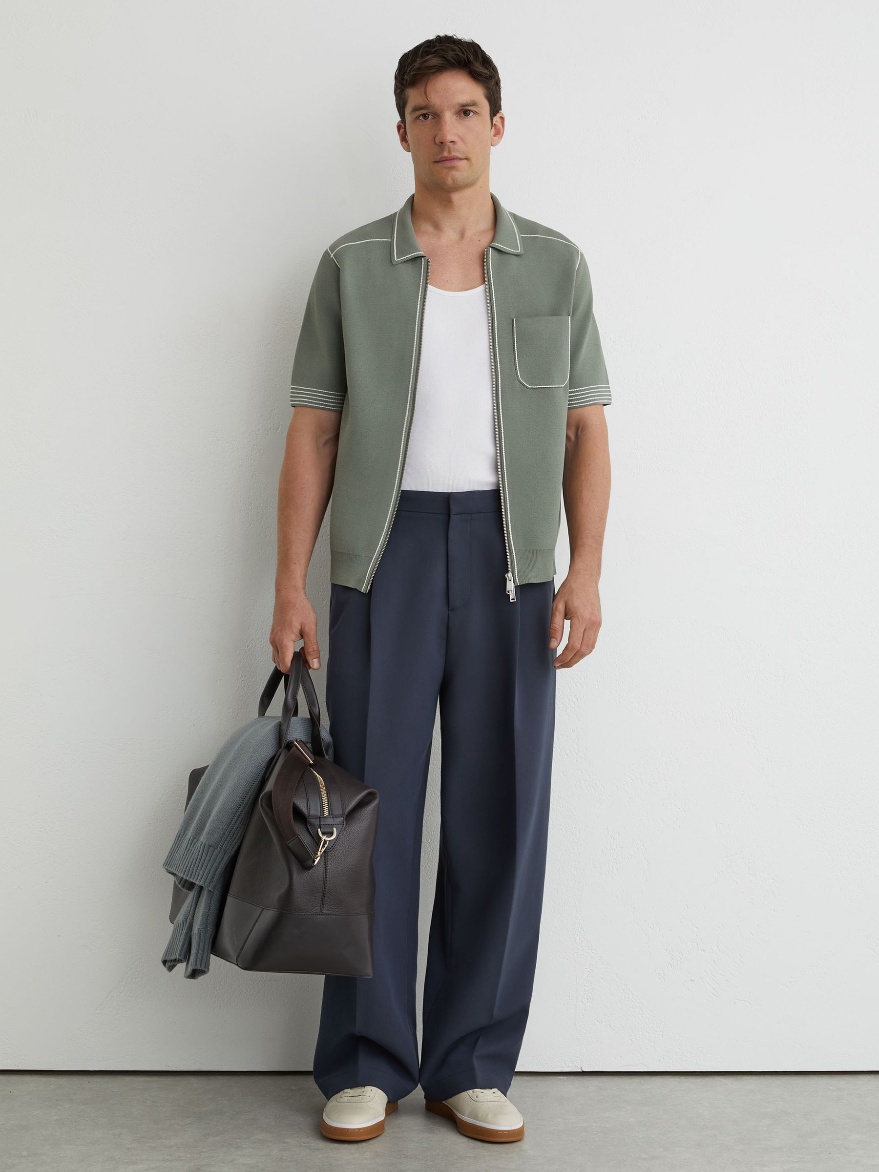 Stitch-Detail Zip-Through Knit Shirt in Sage - Image 3 of 7