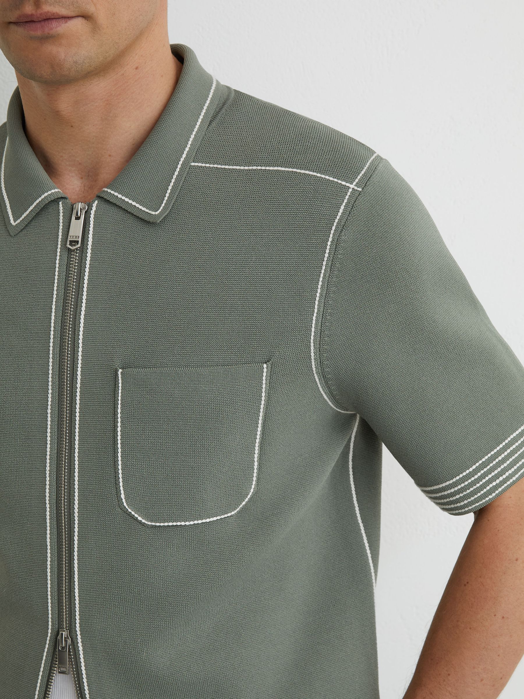 Stitch-Detail Zip-Through Knit Shirt in Sage - Image 4 of 7