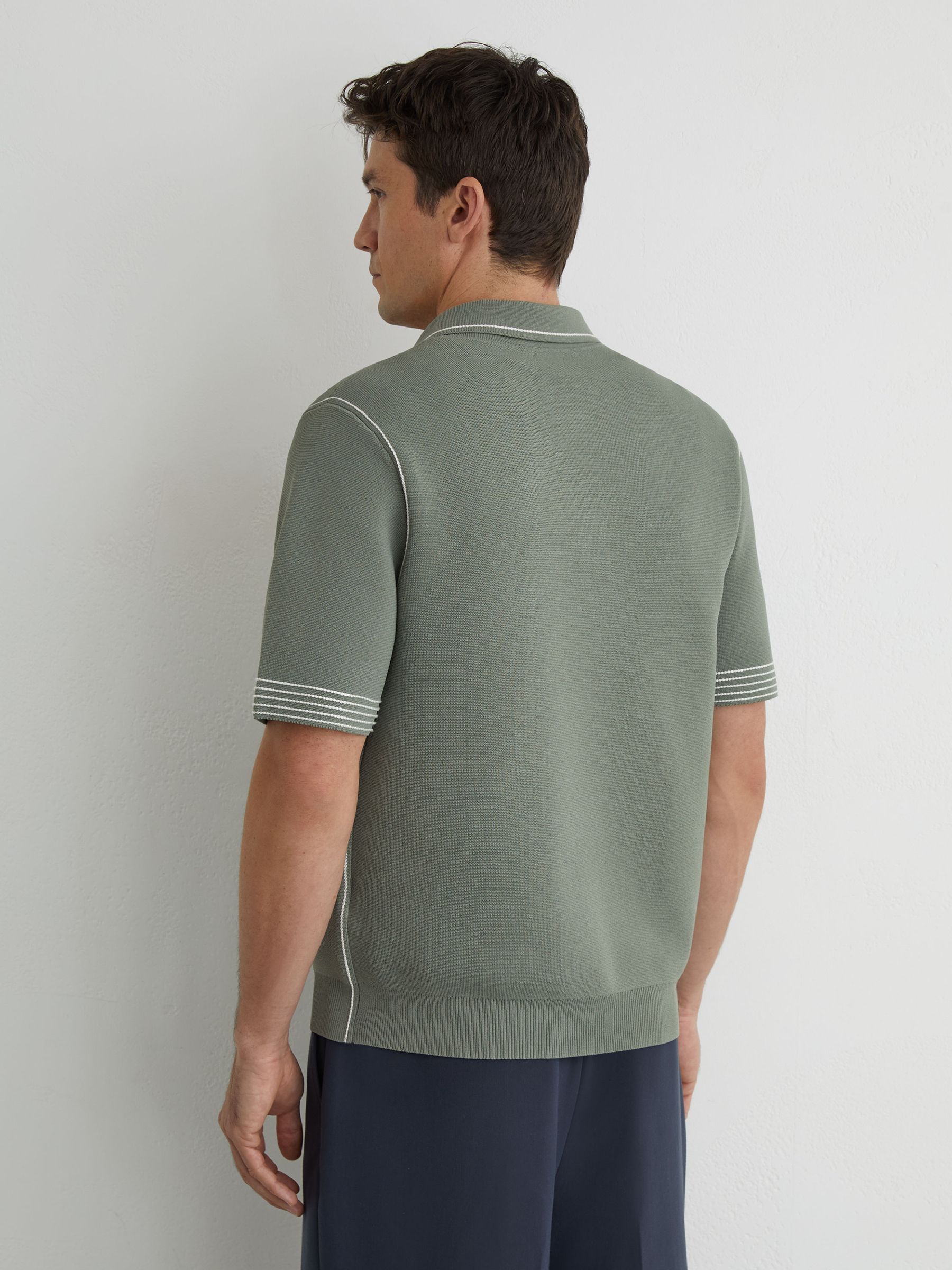 Stitch-Detail Zip-Through Knit Shirt in Sage - Image 5 of 7