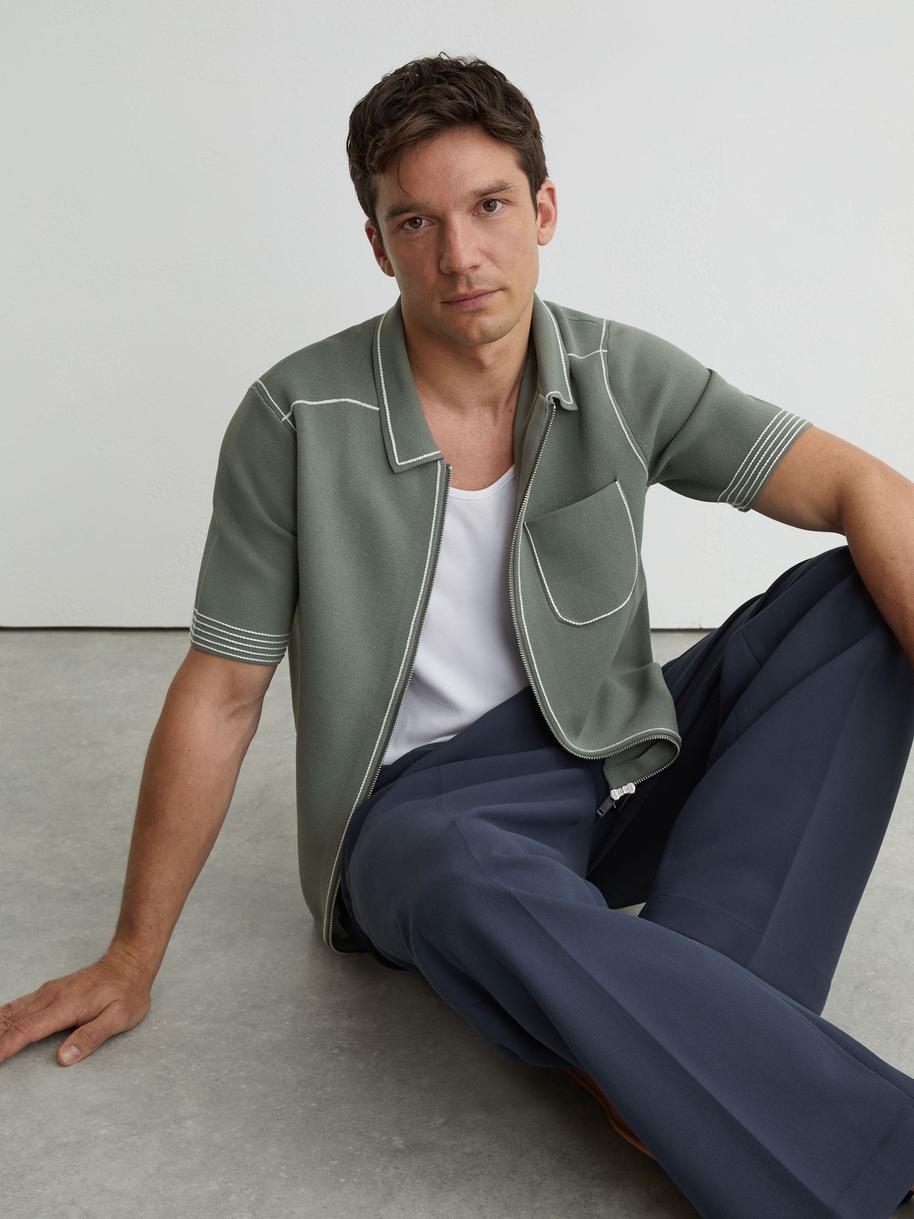 Stitch-Detail Zip-Through Knit Shirt in Sage - Image 6 of 7