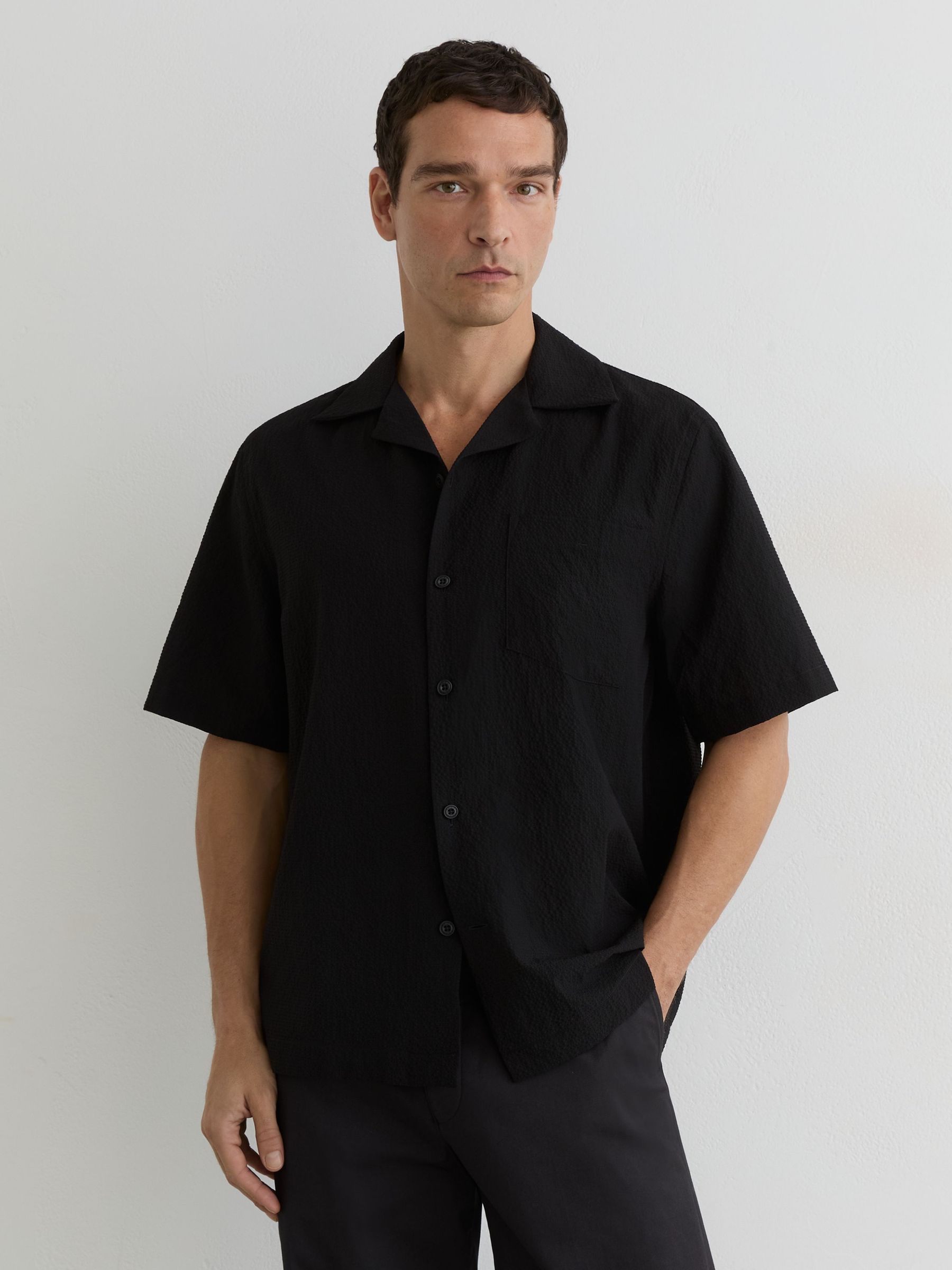 Textured Cuban-Collar Short-Sleeve Shirt in Black - Image 1 of 6