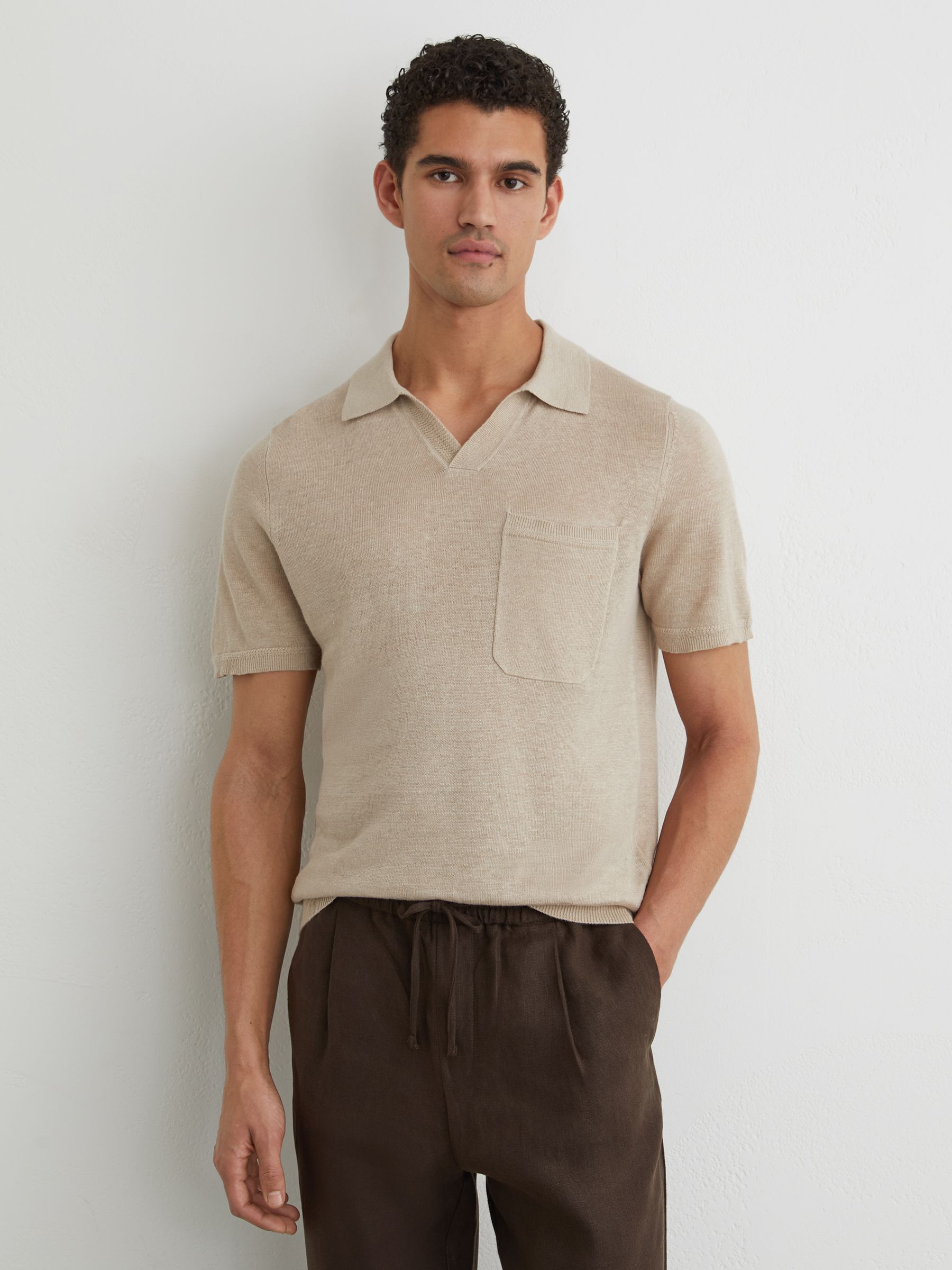 Linen Open-Collar Knit Polo Shirt in Beige - Image 1 of 6