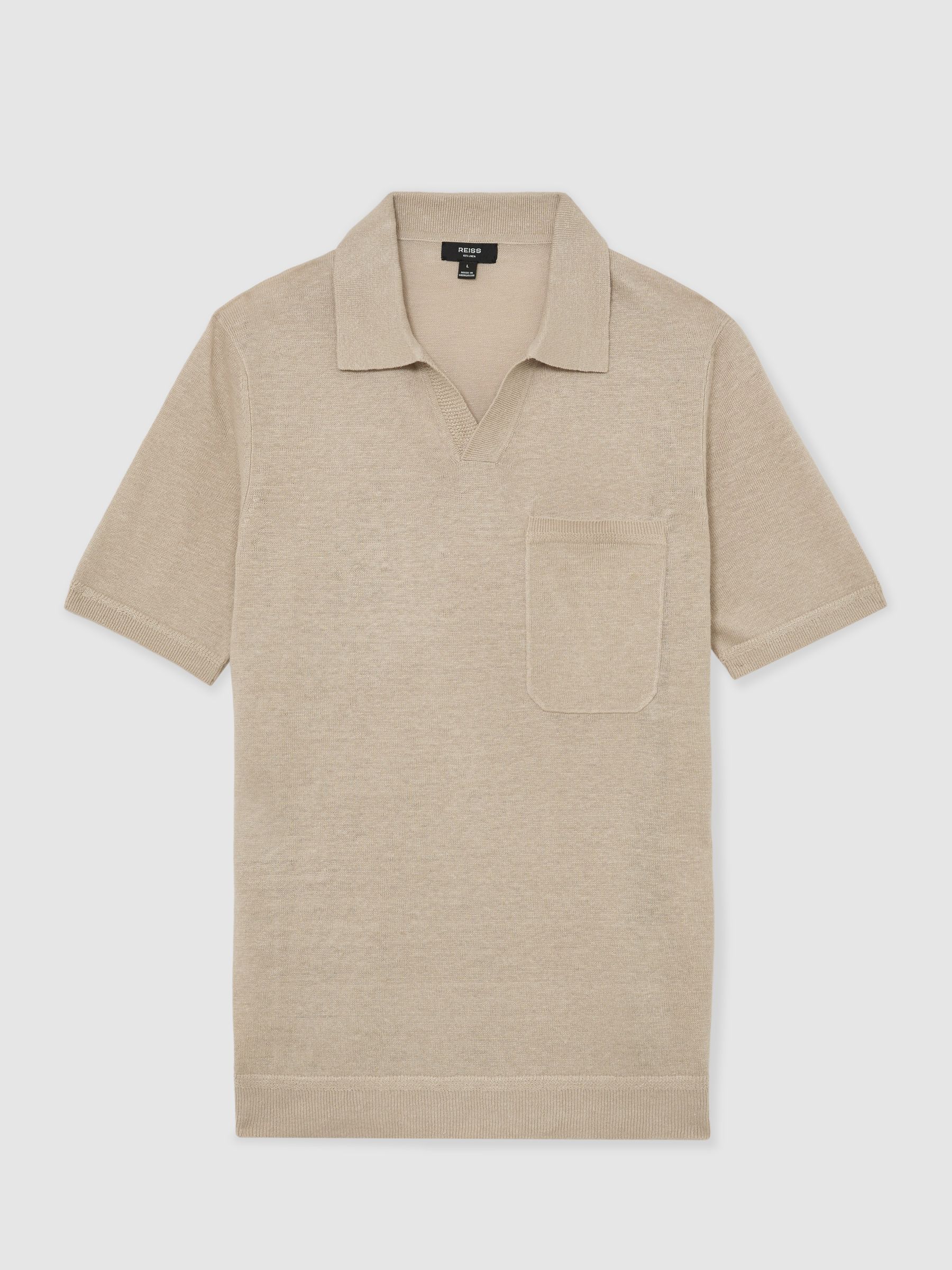 Linen Open-Collar Knit Polo Shirt in Beige - Image 2 of 6