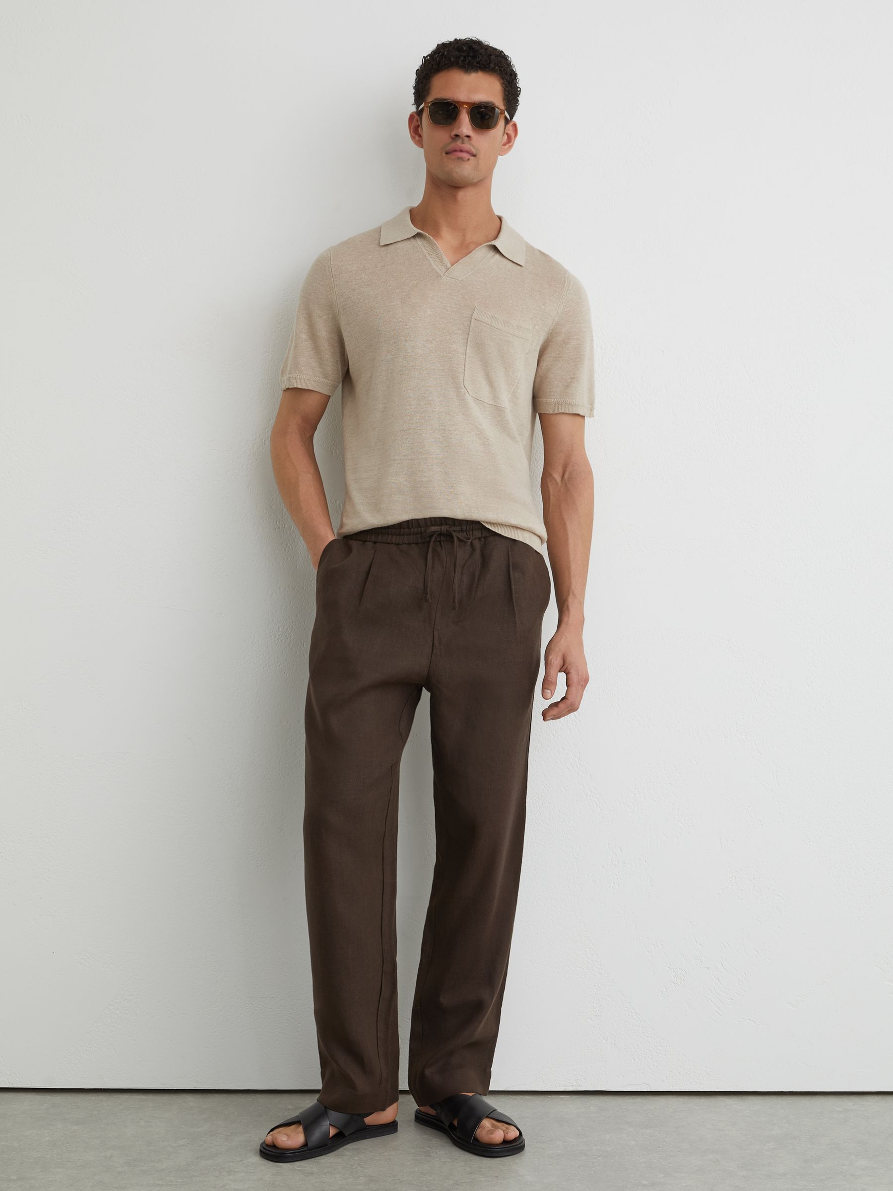 Linen Open-Collar Knit Polo Shirt in Beige - Image 3 of 6