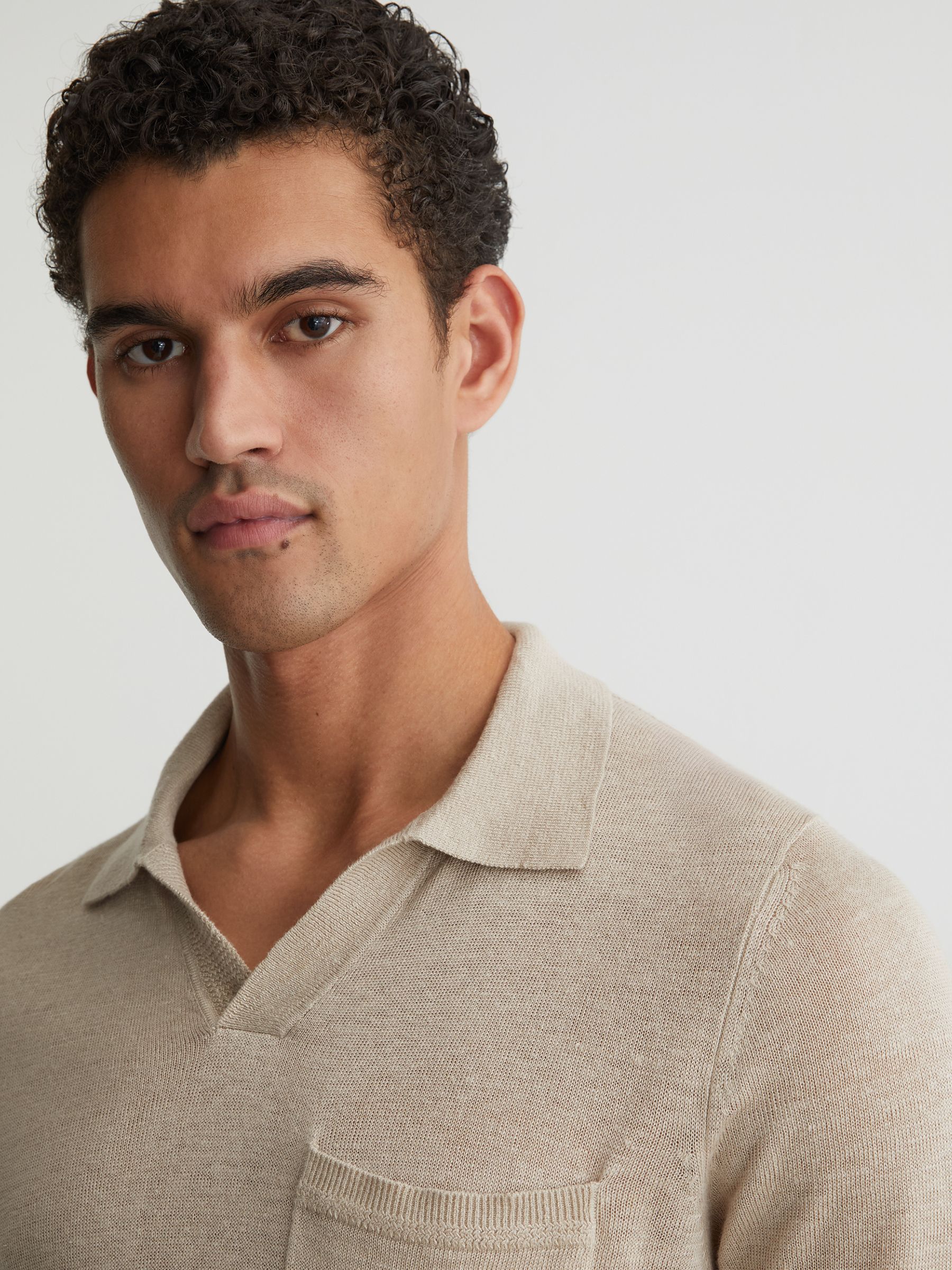 Linen Open-Collar Knit Polo Shirt in Beige - Image 4 of 6