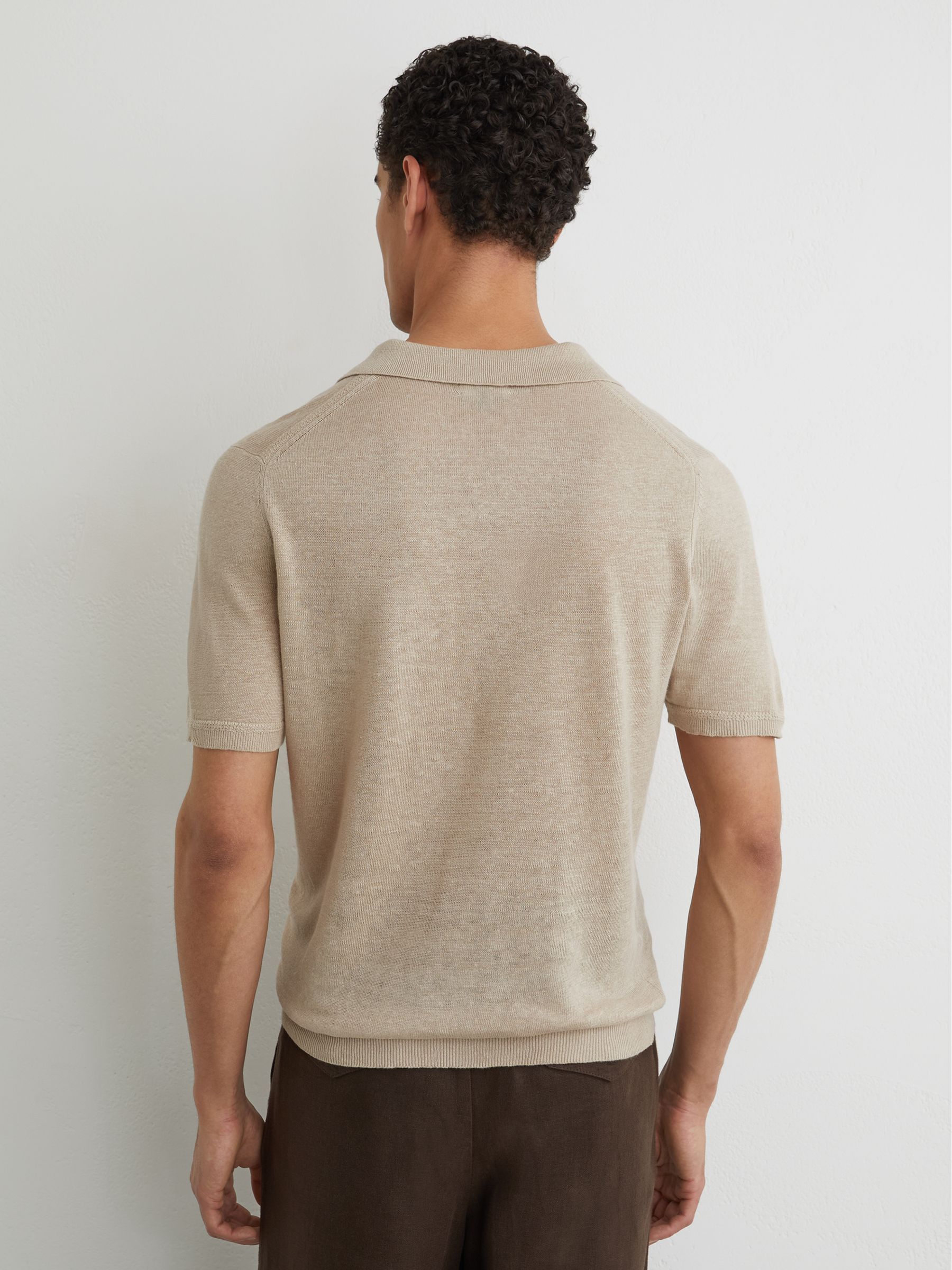Linen Open-Collar Knit Polo Shirt in Beige - Image 5 of 6