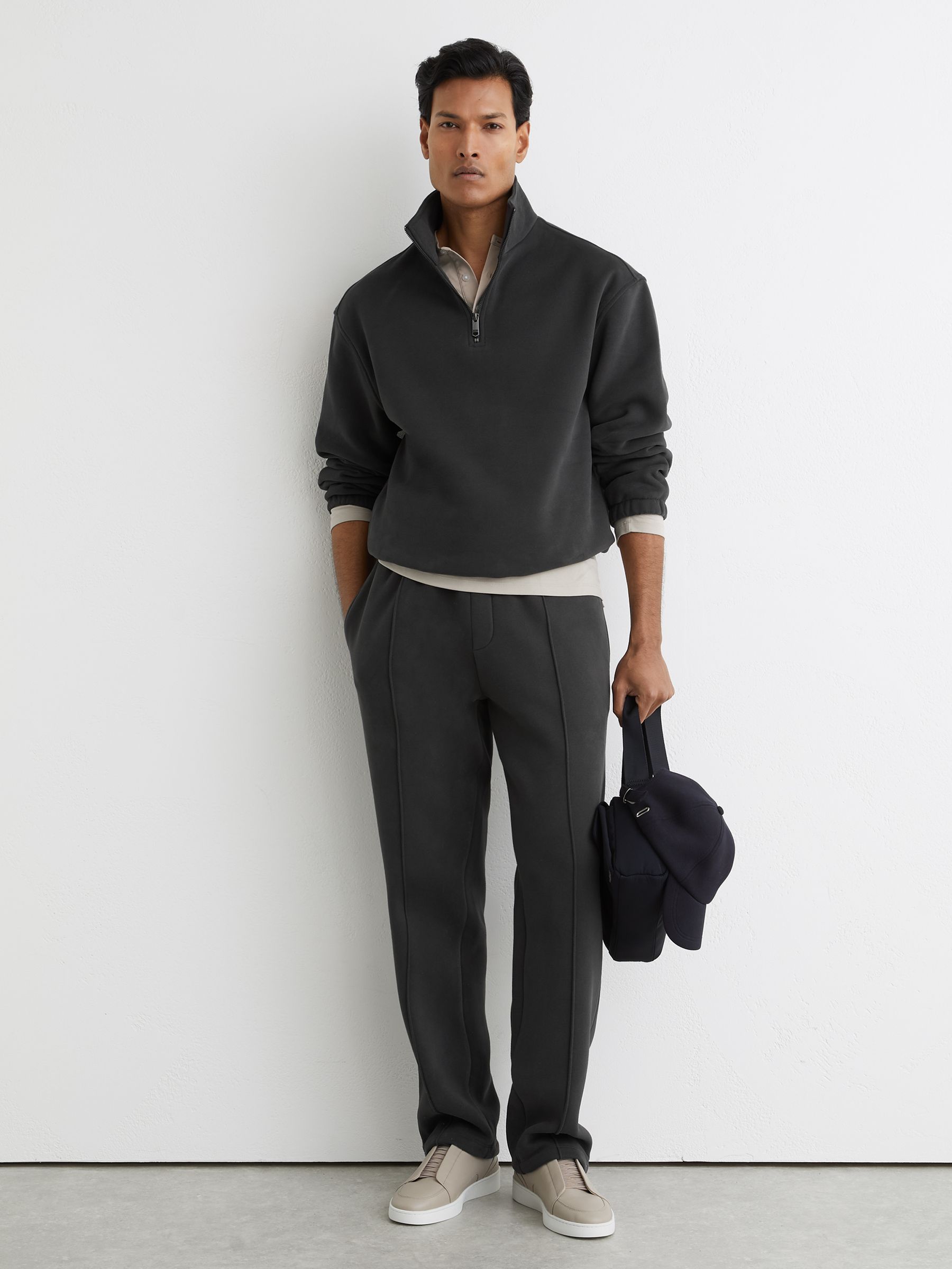Cotton-Blend Half-Zip Sweatshirt in Washed Black - Image 1 of 6