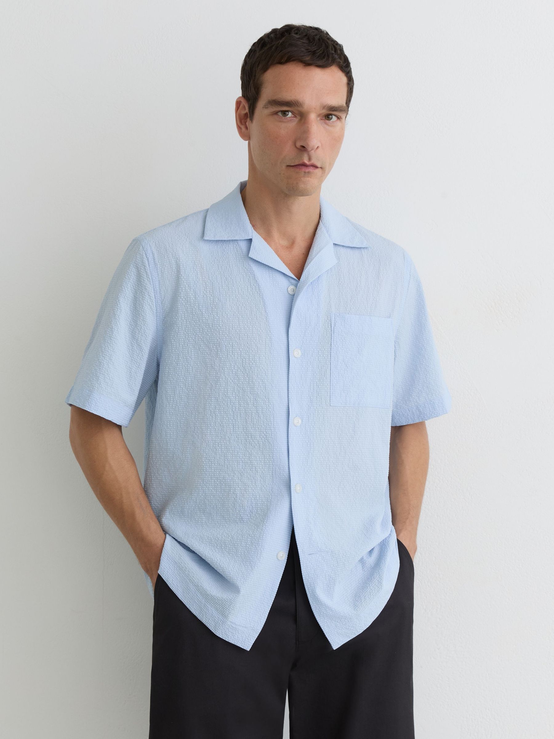 Textured Cuban-Collar Short-Sleeve Shirt in Soft Blue - Image 1 of 6