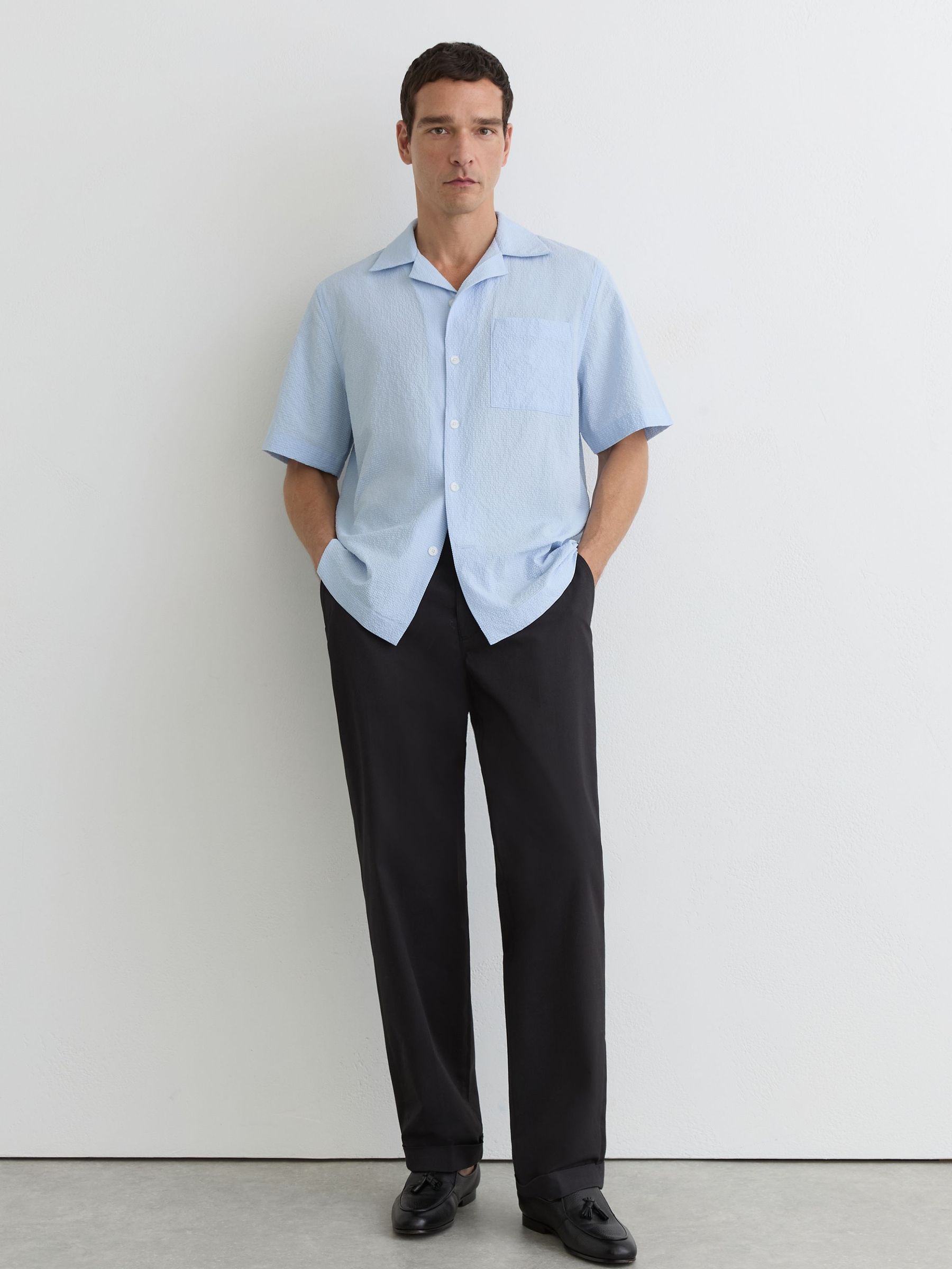 Textured Cuban-Collar Short-Sleeve Shirt in Soft Blue - Image 4 of 6