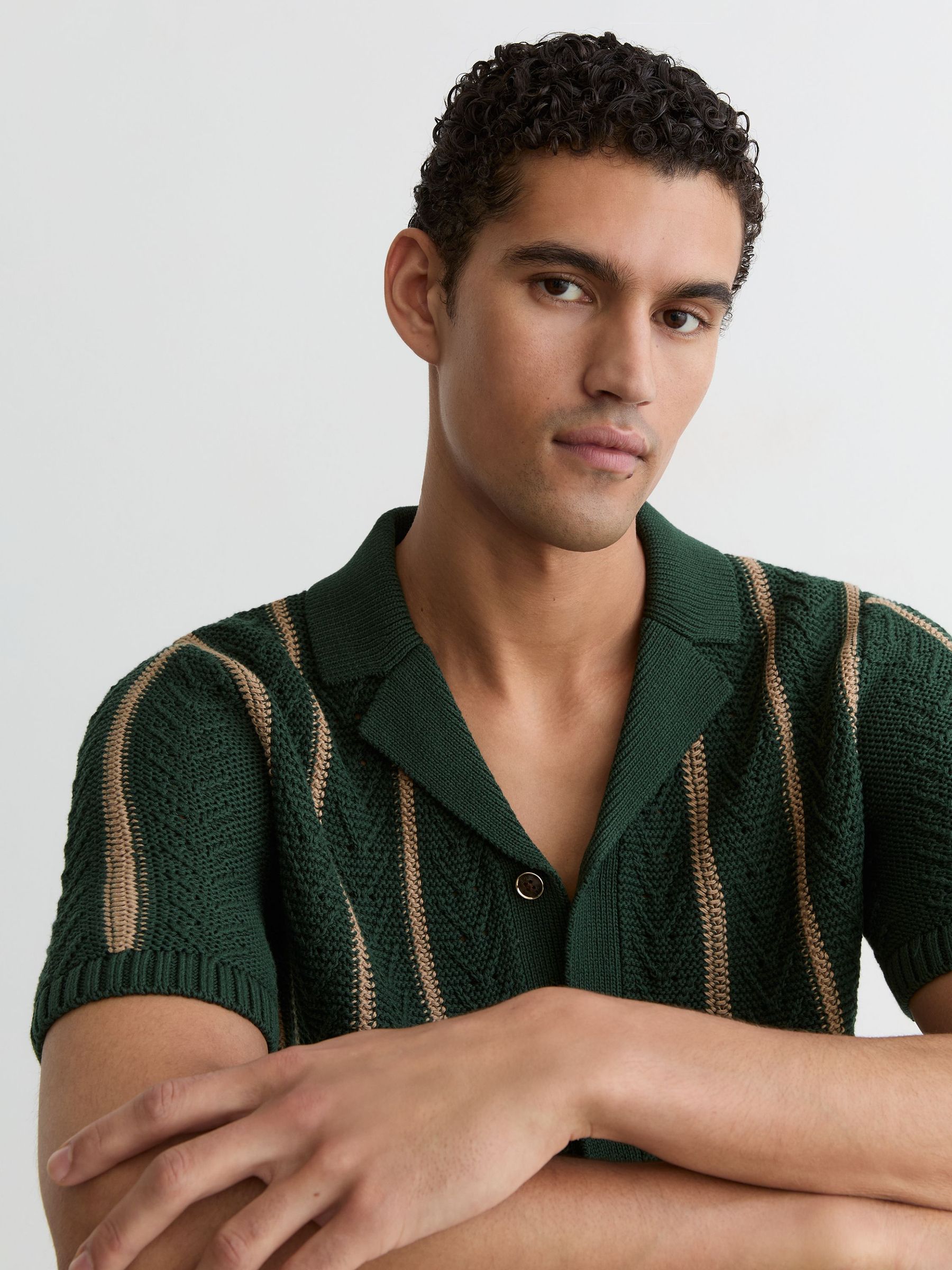 Cotton-Blend Textured-Knit Stripe Shirt in Forest Green - image 2