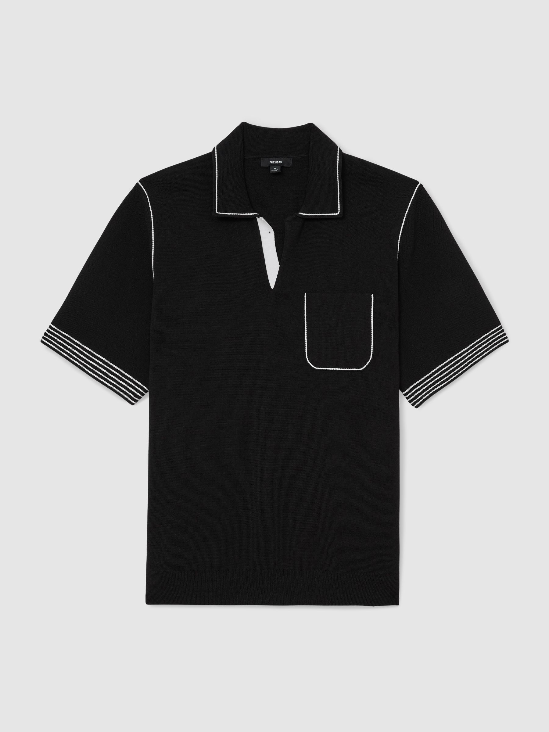 Contrast-Stitch Knitted Polo Shirt in Black - Image 2 of 6 Contrast-Stitch Knitted Polo Shirt in Black - Image 2 of 6