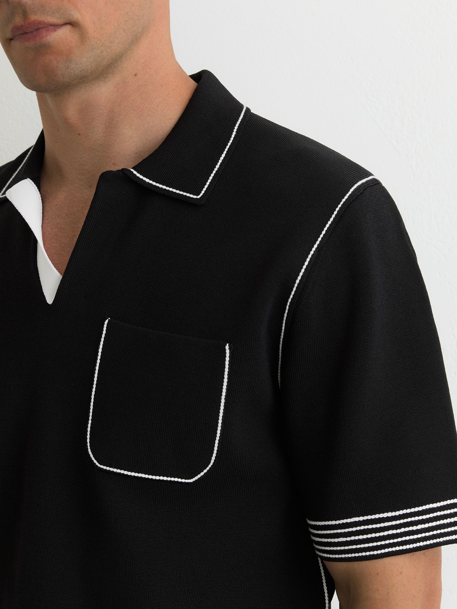 Contrast-Stitch Knitted Polo Shirt in Black - Image 3 of 6