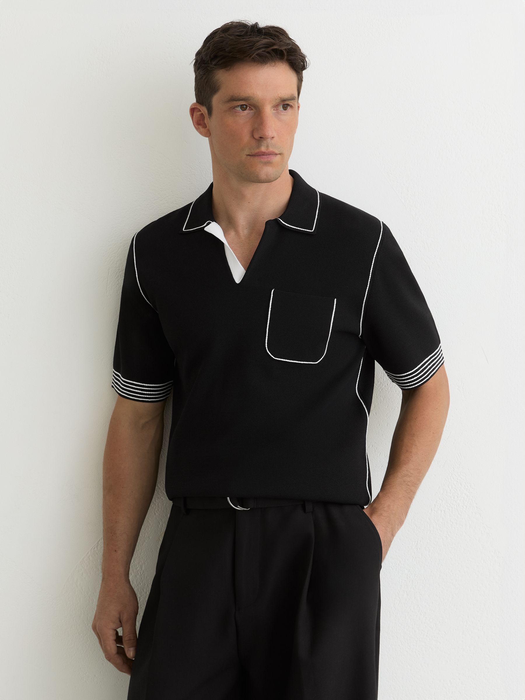 Contrast-Stitch Knitted Polo Shirt in Black - Image 4 of 6