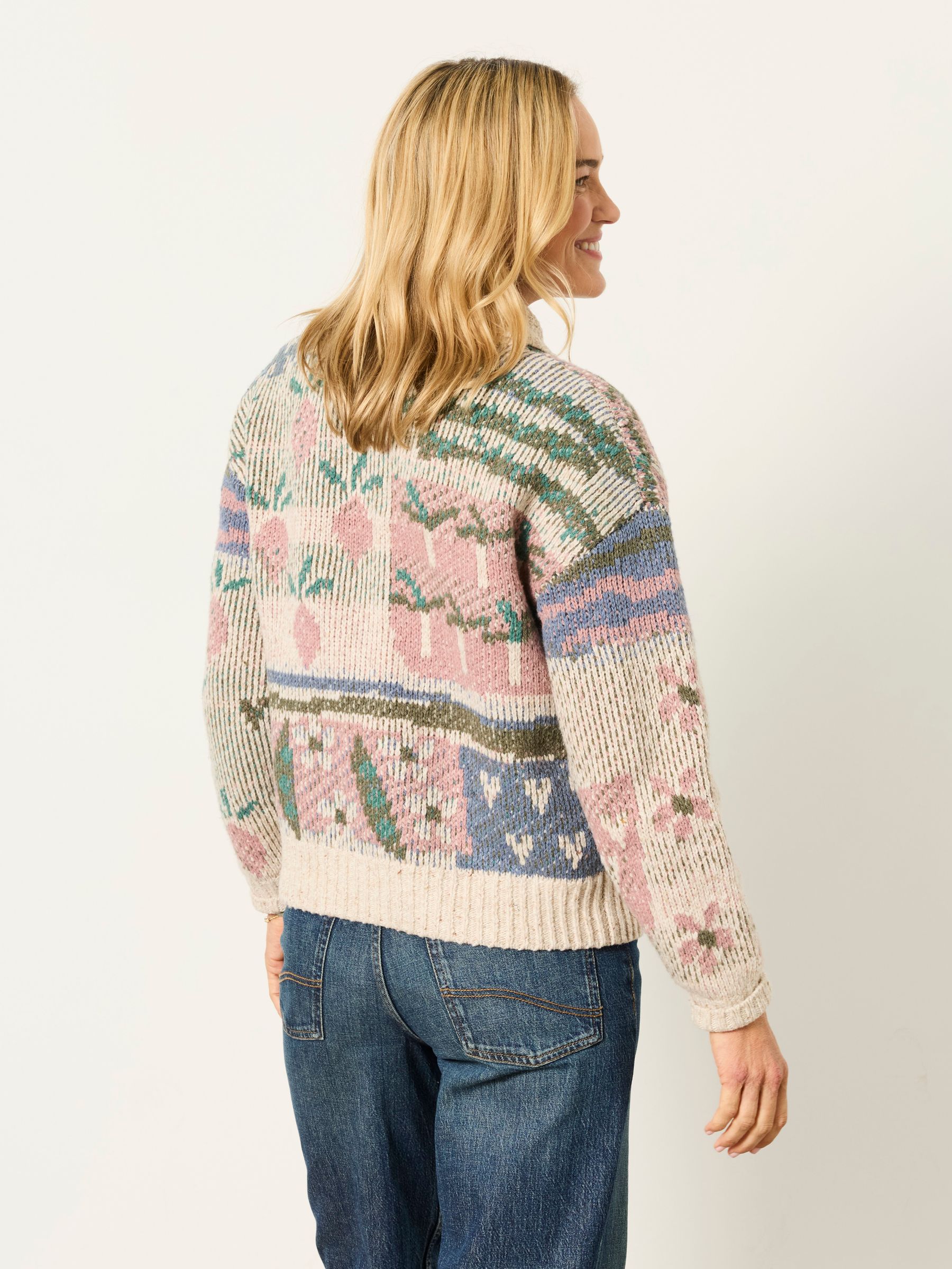Allotment Pattern Knitted Cardigan in Natural - Image 2 of 6