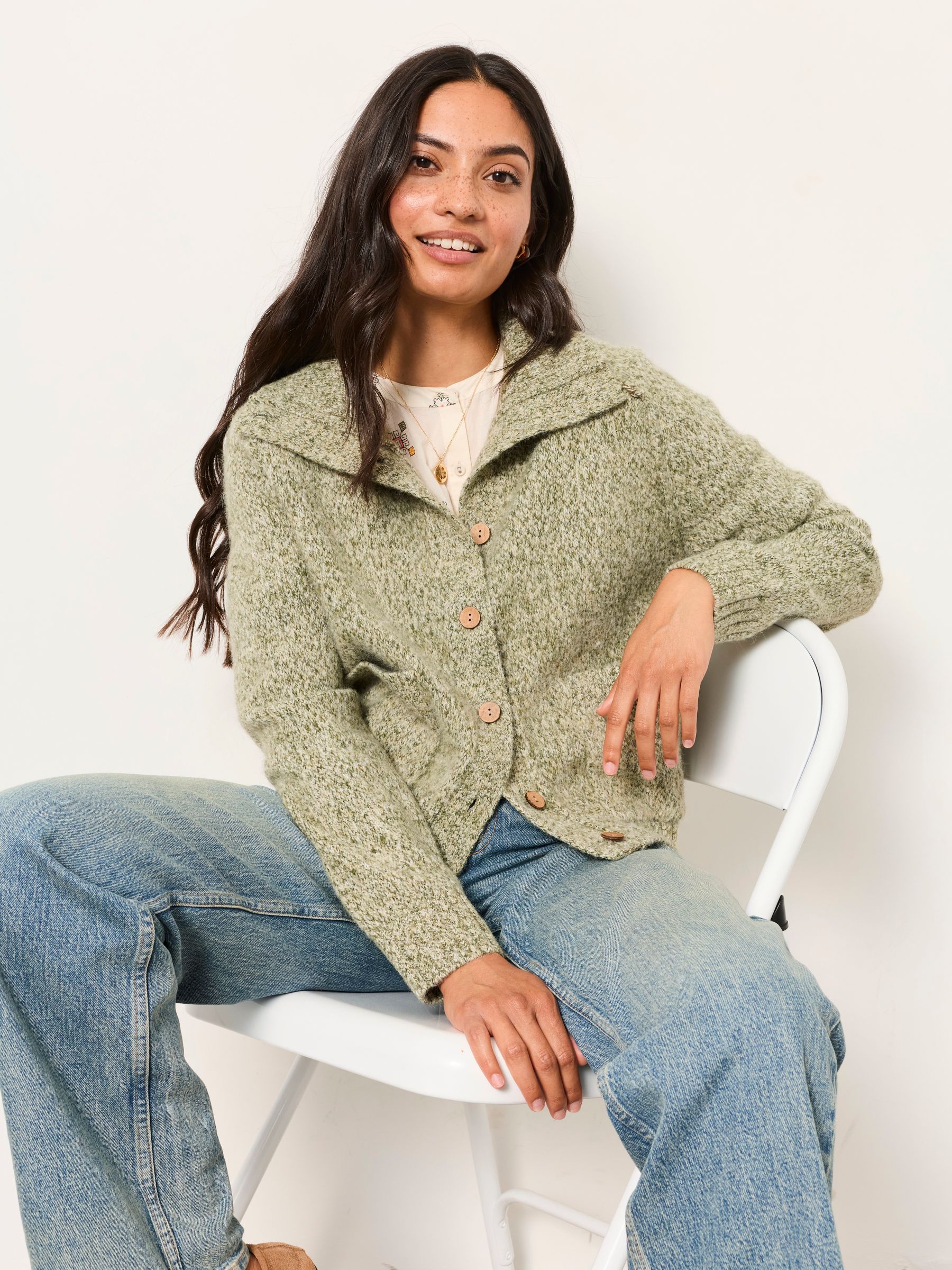 Freya Sage Green Funnel Neck Knitted Cardigan - Image 2 of 7