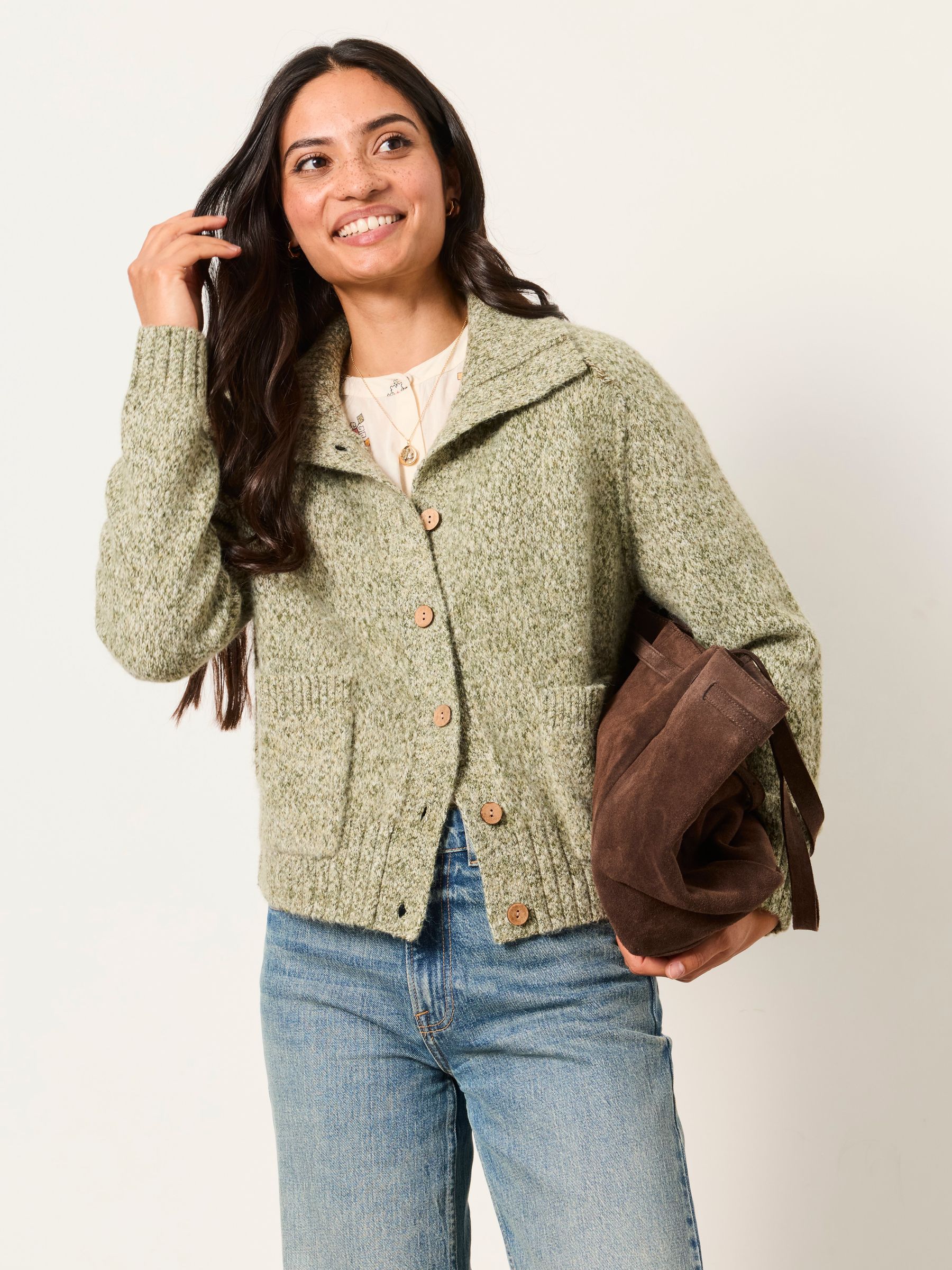 Freya Sage Green Funnel Neck Knitted Cardigan - Image 4 of 7