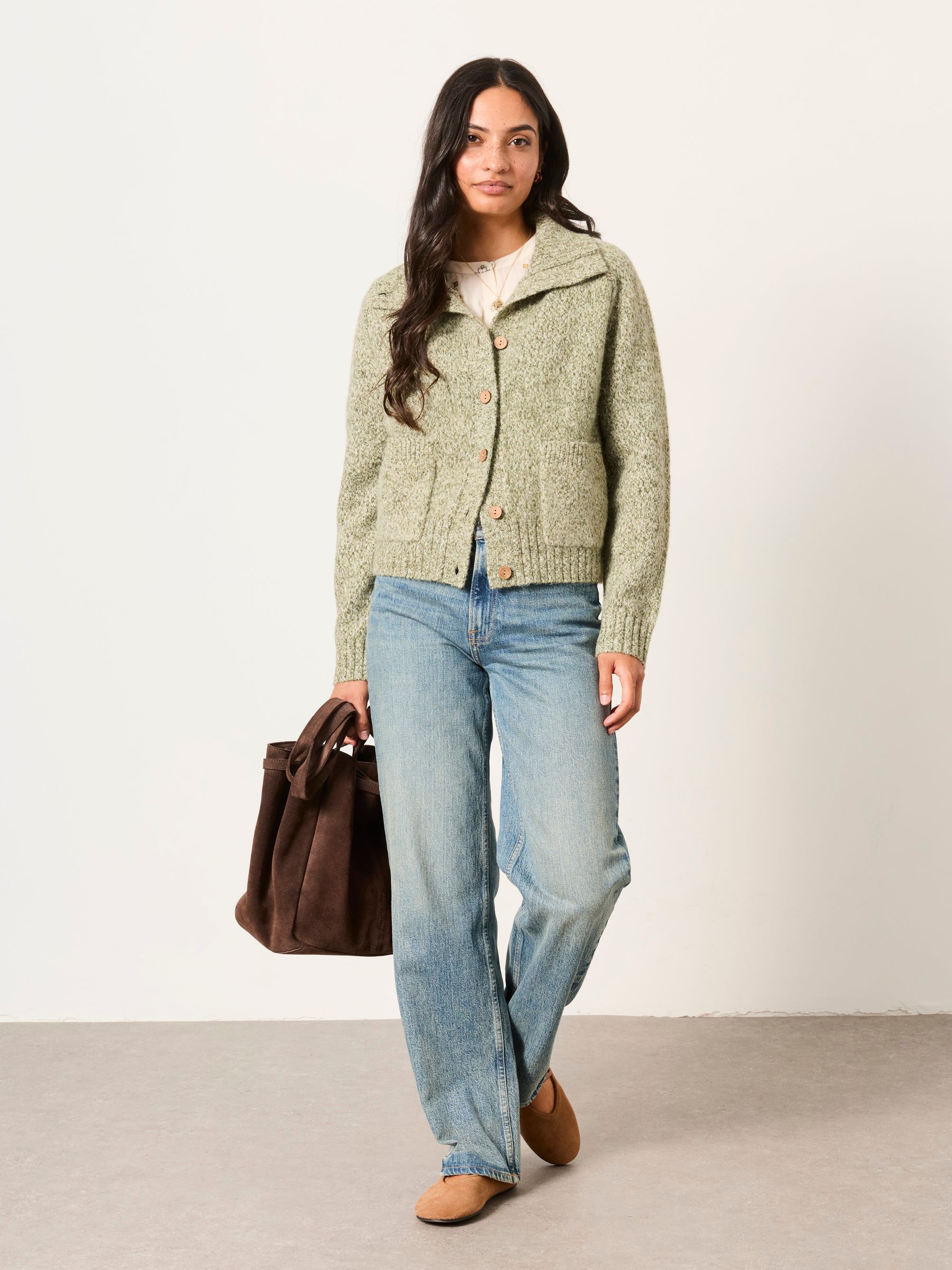 Freya Sage Green Funnel Neck Knitted Cardigan - Image 5 of 7