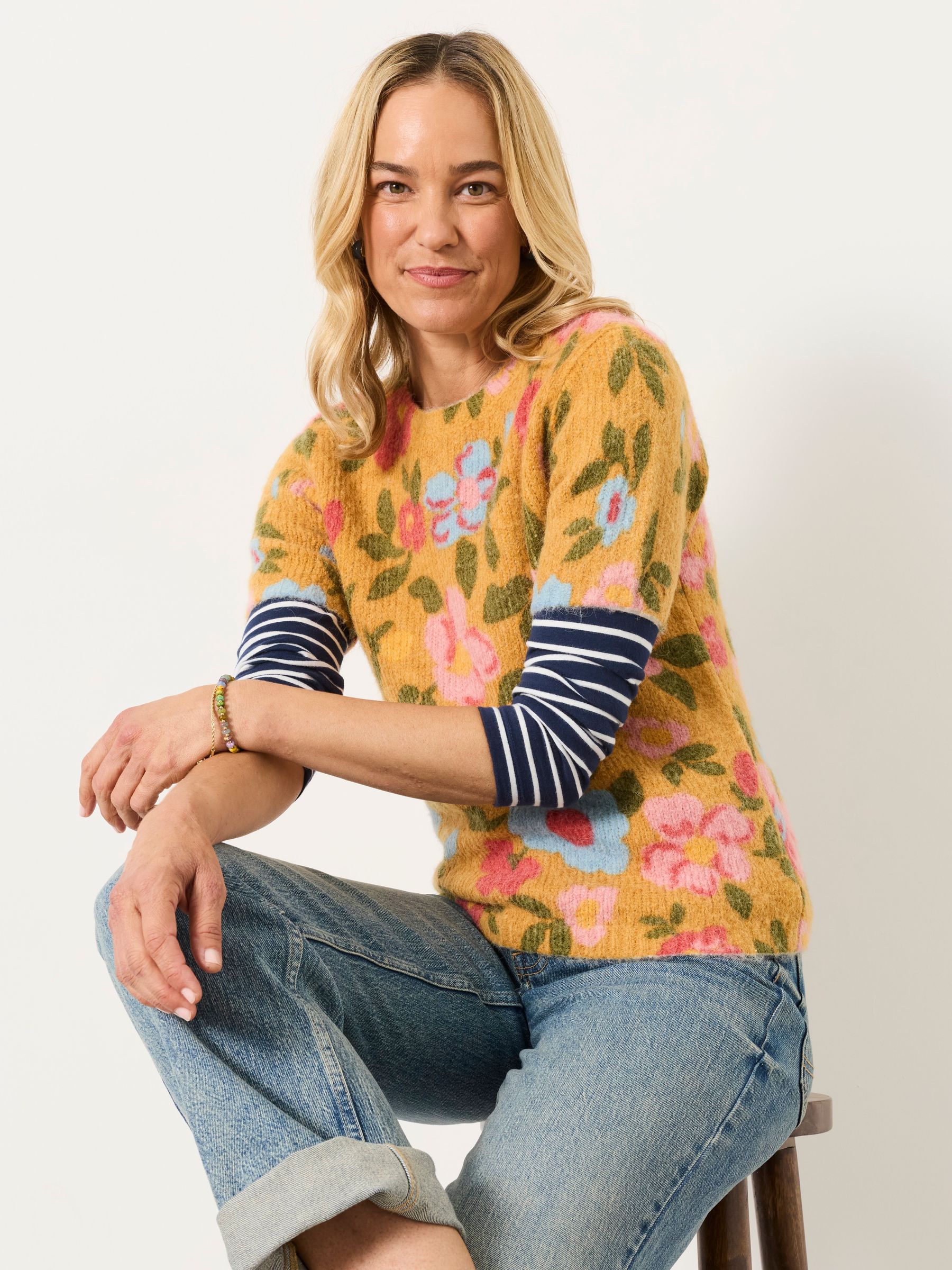 Tan Brown Floral Fluffy Knit Top - Image 1 of 6 Tan Brown Floral Fluffy Knit Top - Image 1 of 6