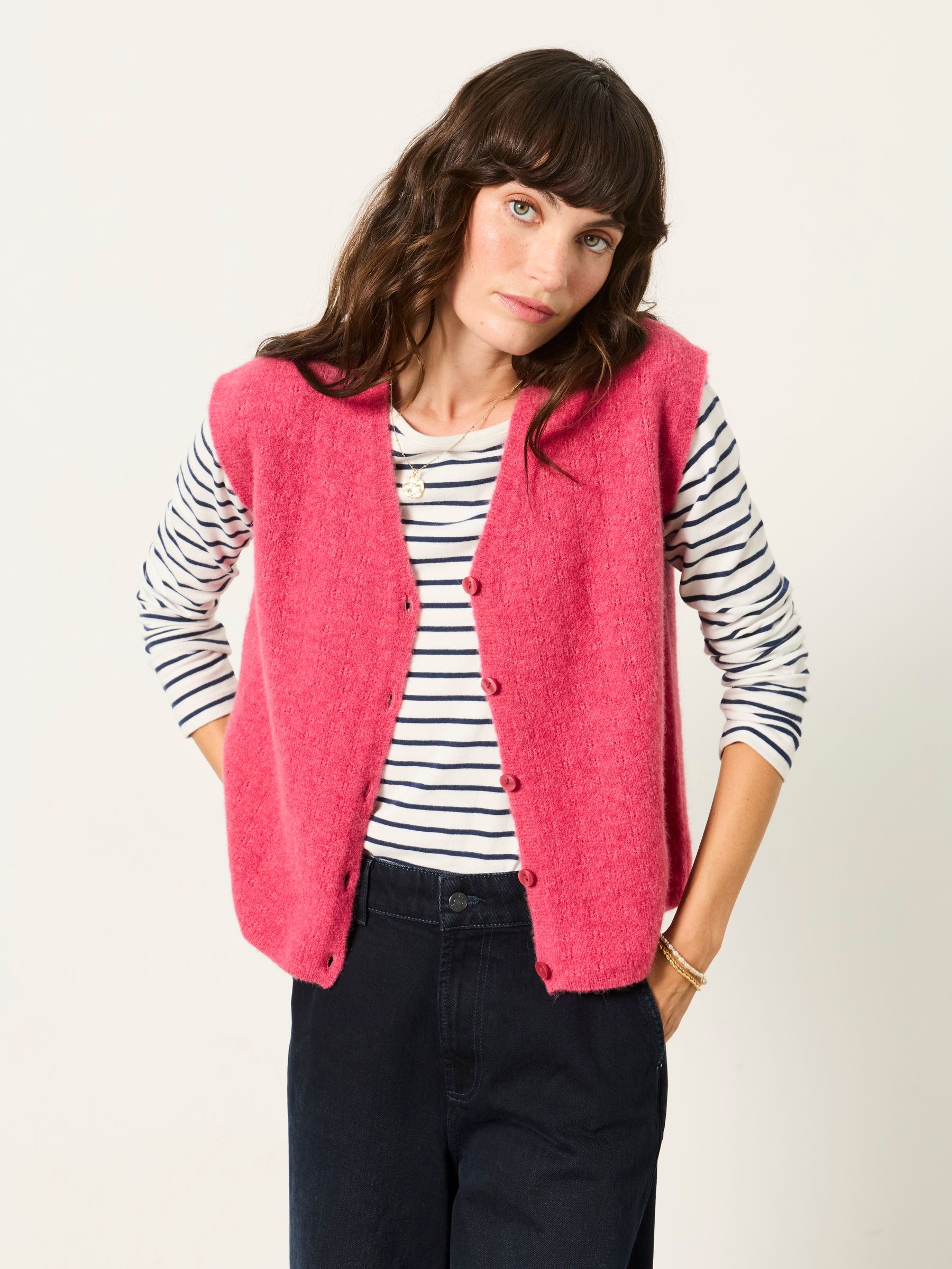 Halle Dark Pink Knitted Button Front Vest - Image 1 of 6