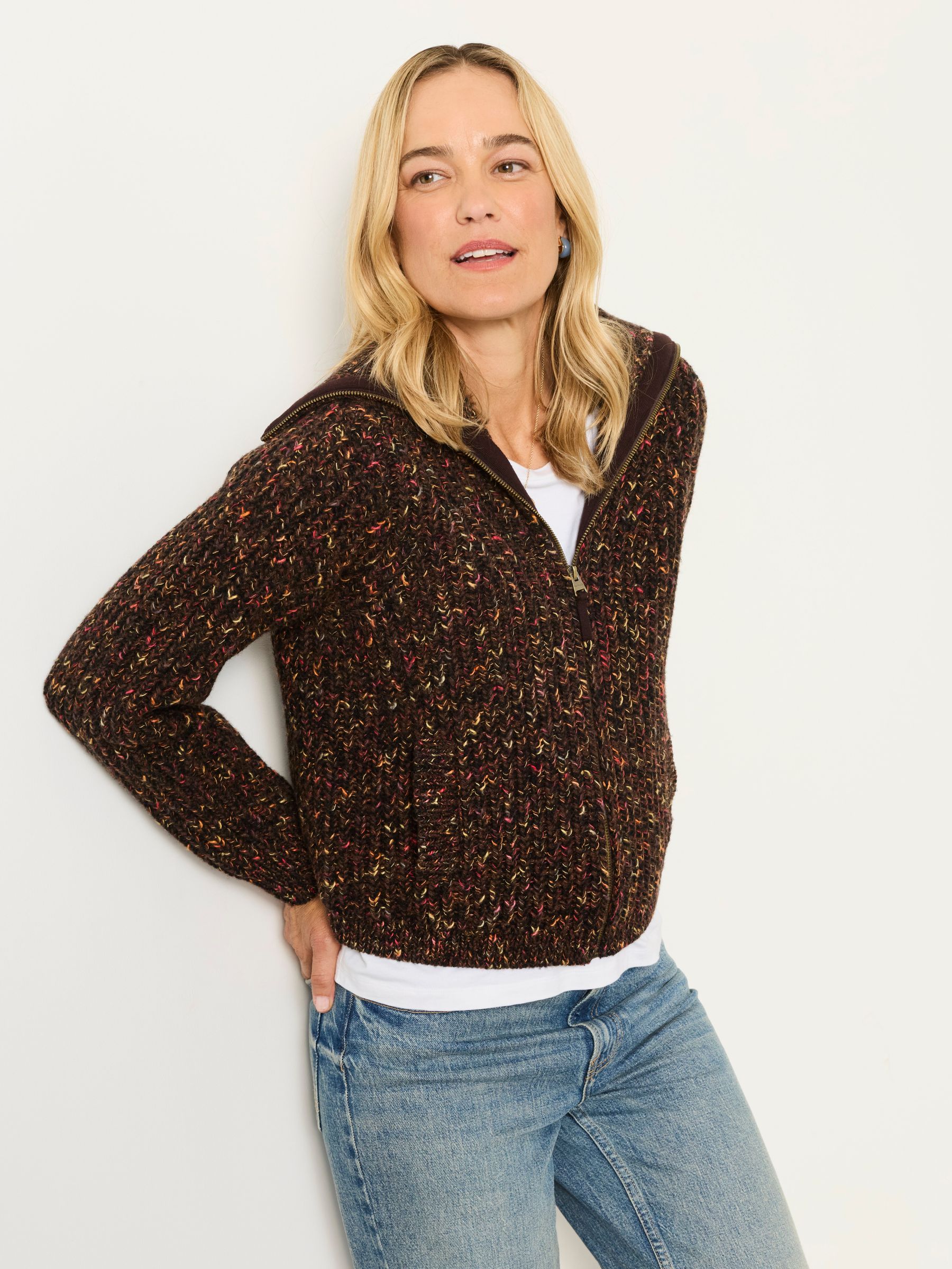 Brown Cooper Knitted Rib Zip Through Cardigan - Image 3 of 6