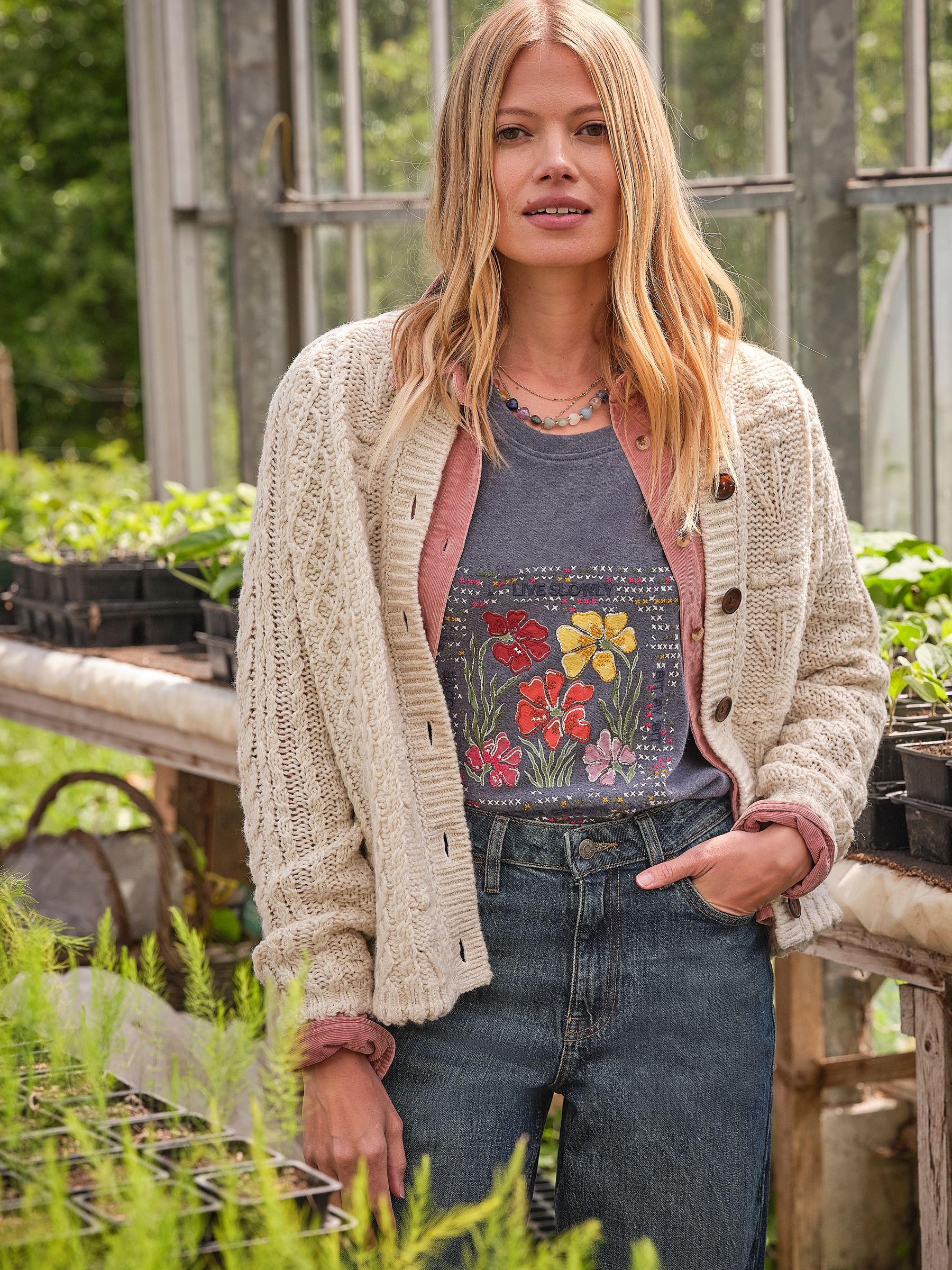 Floral Knitted Cable Button Front Cardigan in Natural - Image 1 of 7