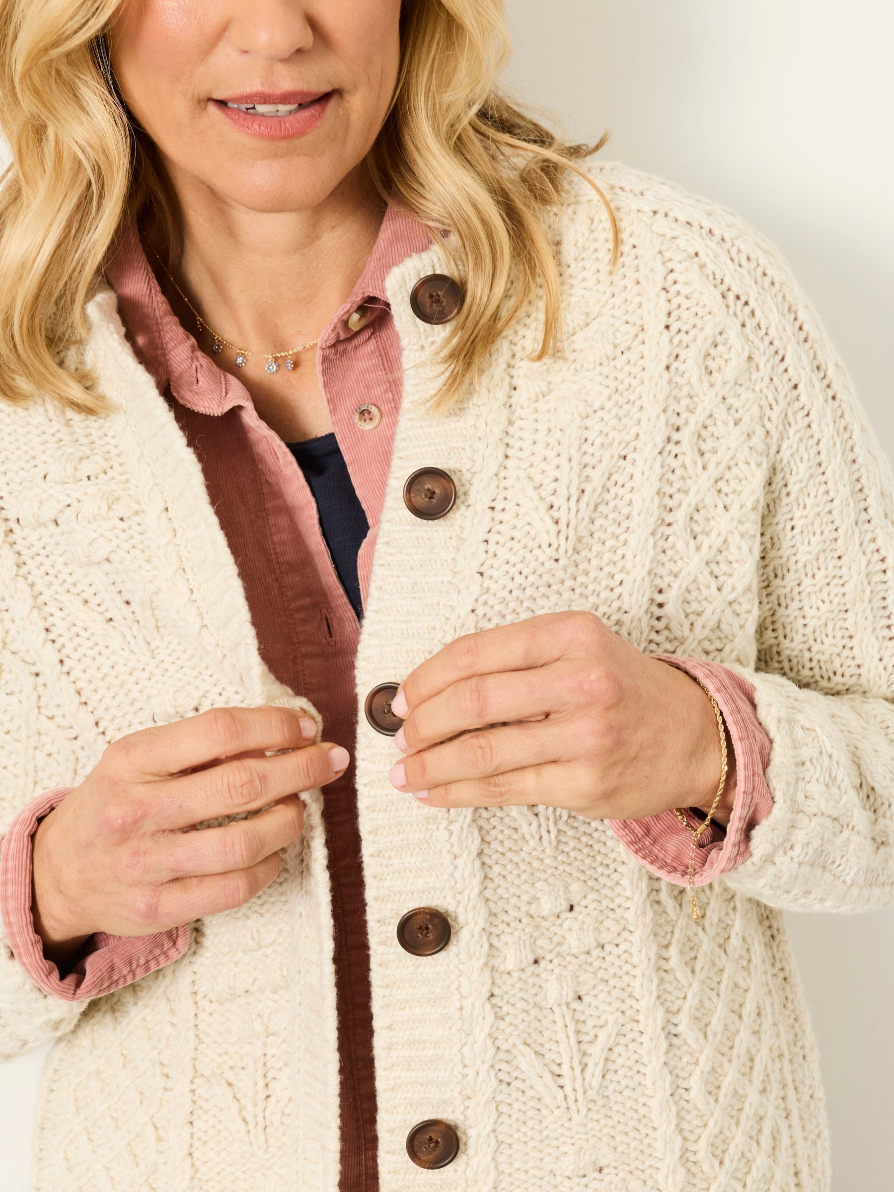 Floral Knitted Cable Button Front Cardigan in Natural - Image 4 of 7