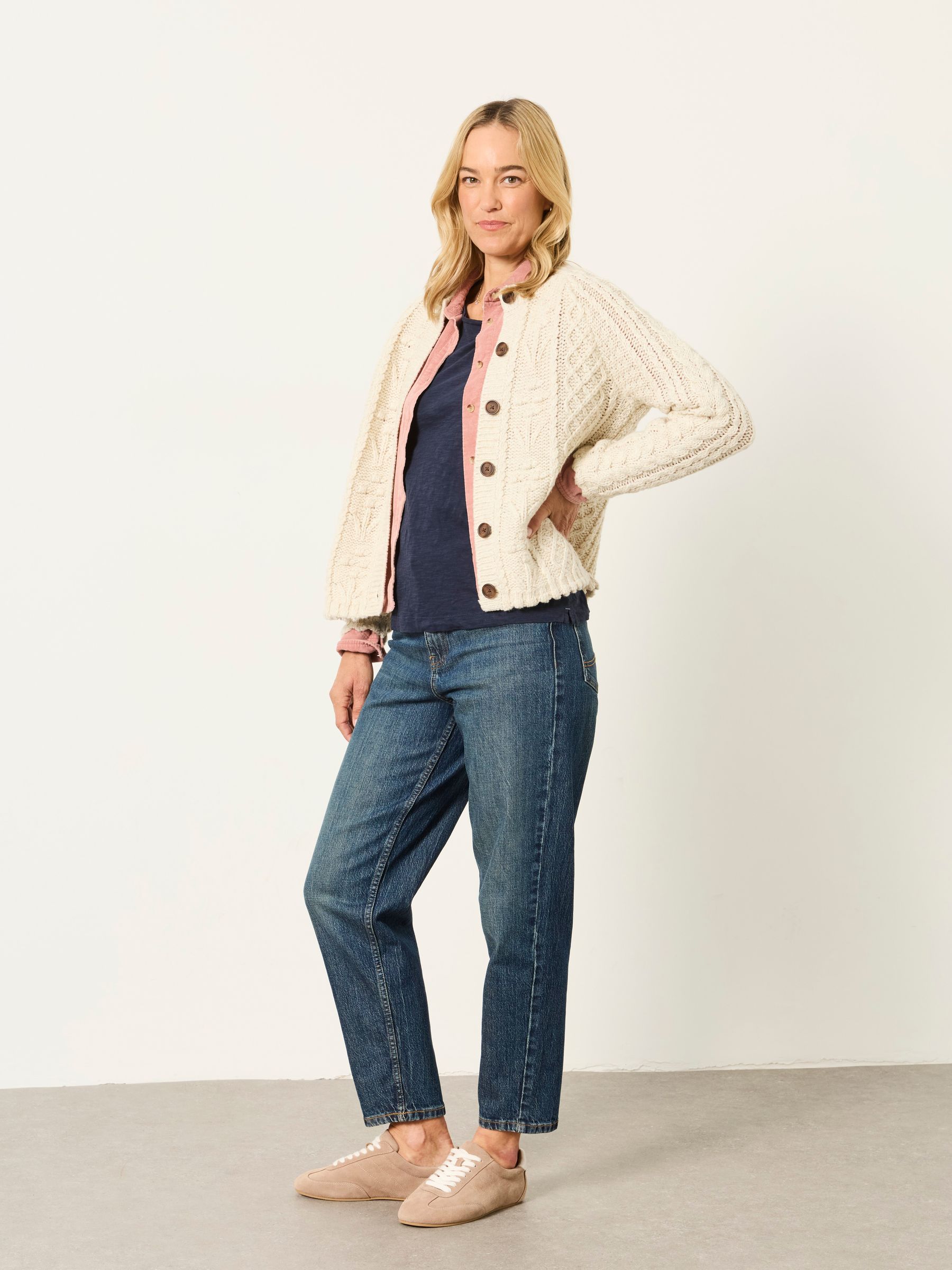 Floral Knitted Cable Button Front Cardigan in Natural - Image 5 of 7
