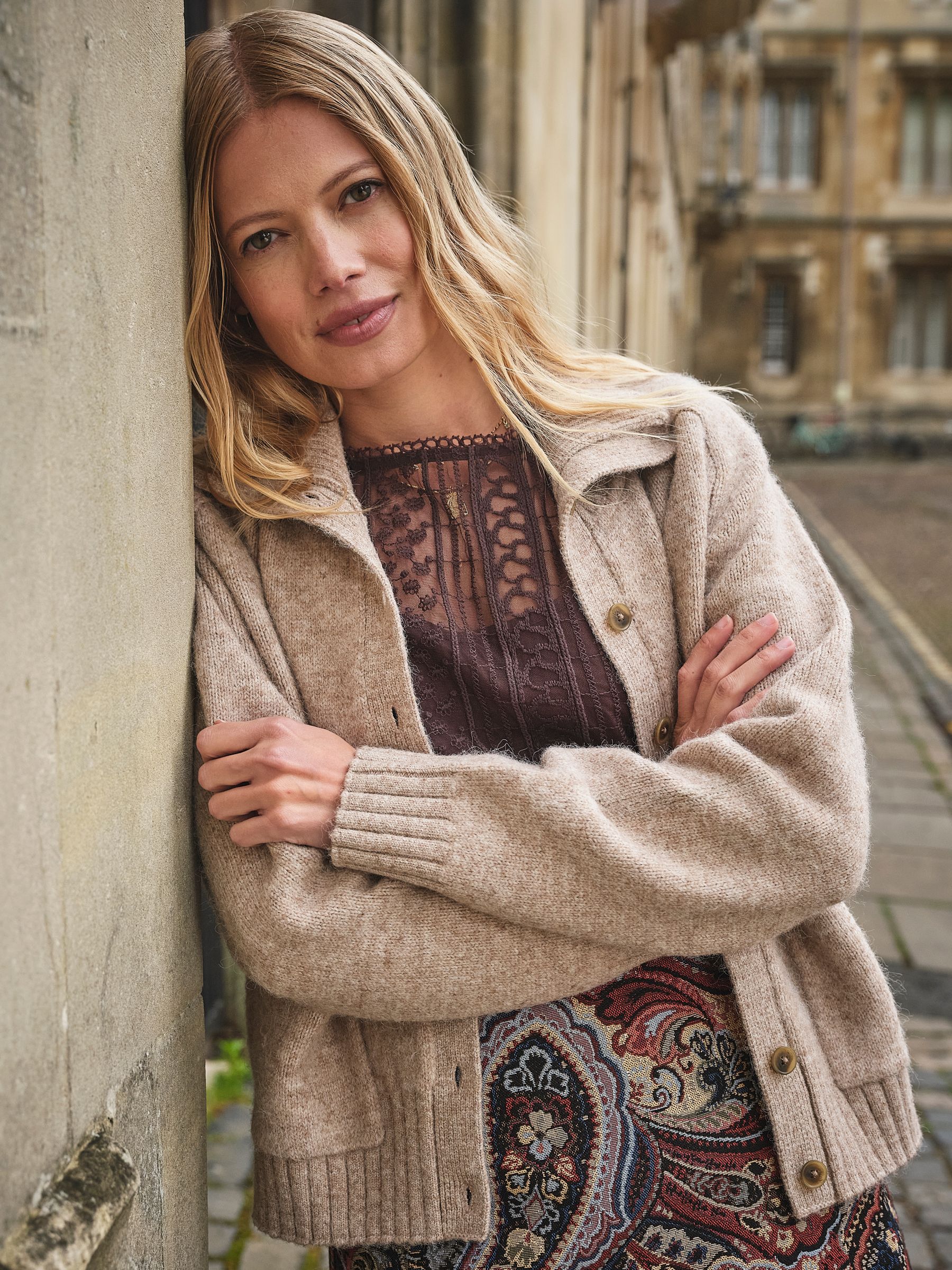 Freya Natural Funnel Neck Knitted Cardigan - Image 1 of 7