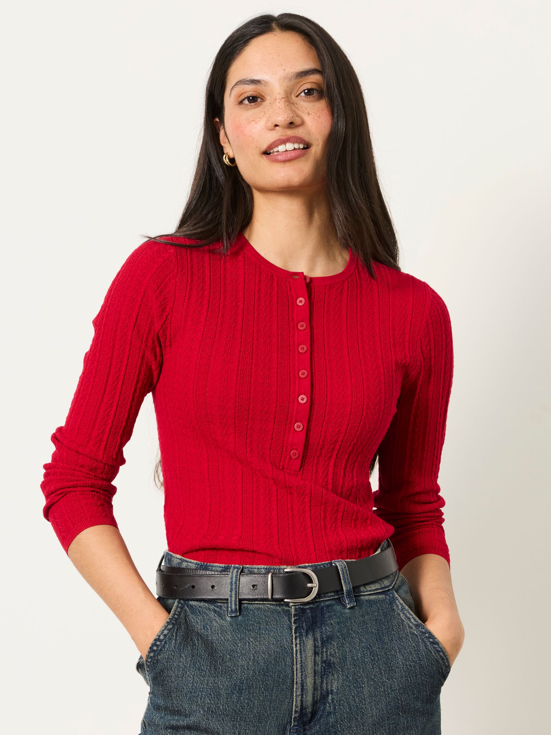 Mae Red Knitted Henley Jumper - Image 1 of 5 Mae Red Knitted Henley Jumper - Image 1 of 5