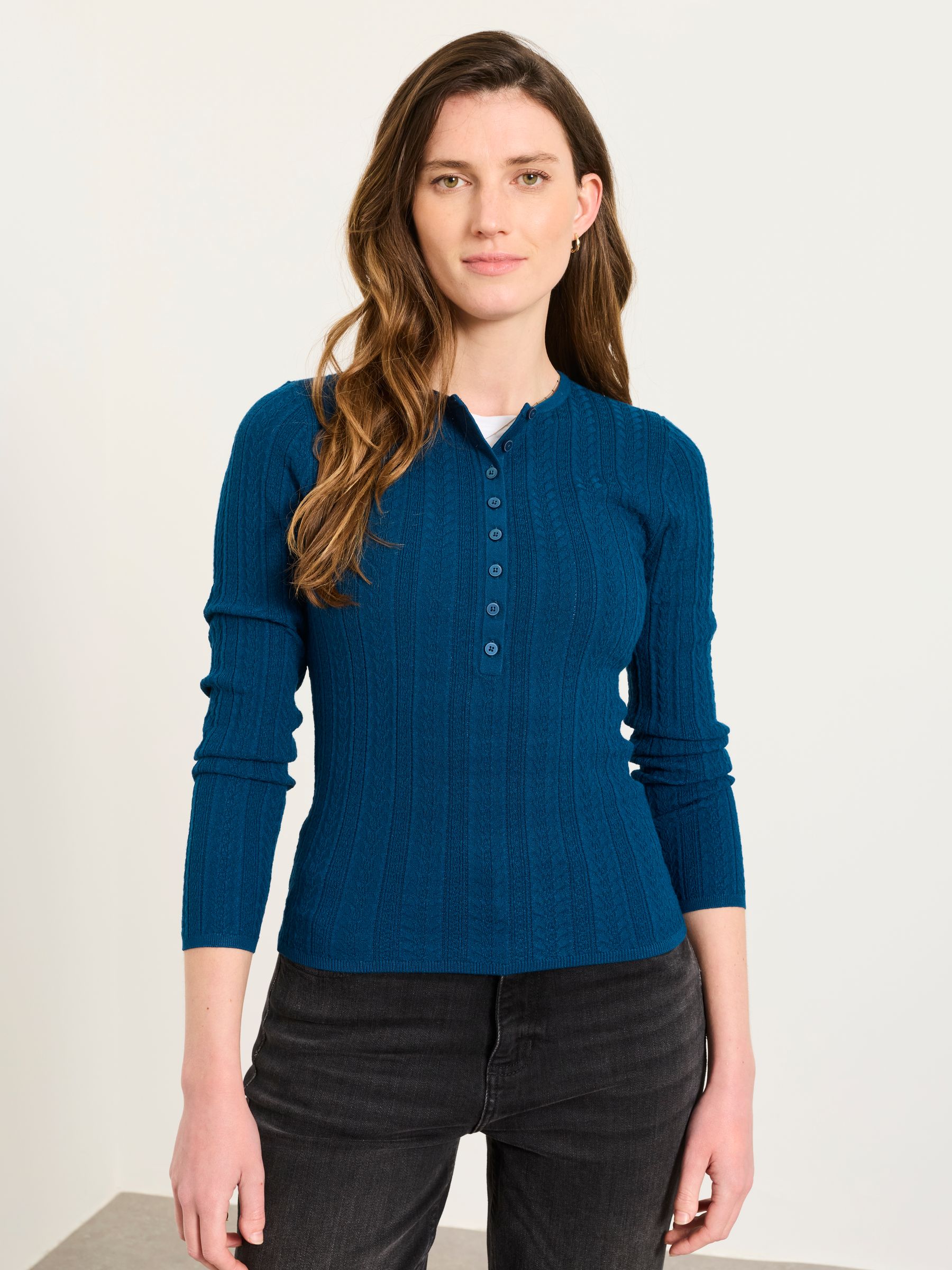 Mae Teal Blue Knitted Henley Jumper - Image 1 of 5 Mae Teal Blue Knitted Henley Jumper - Image 1 of 5