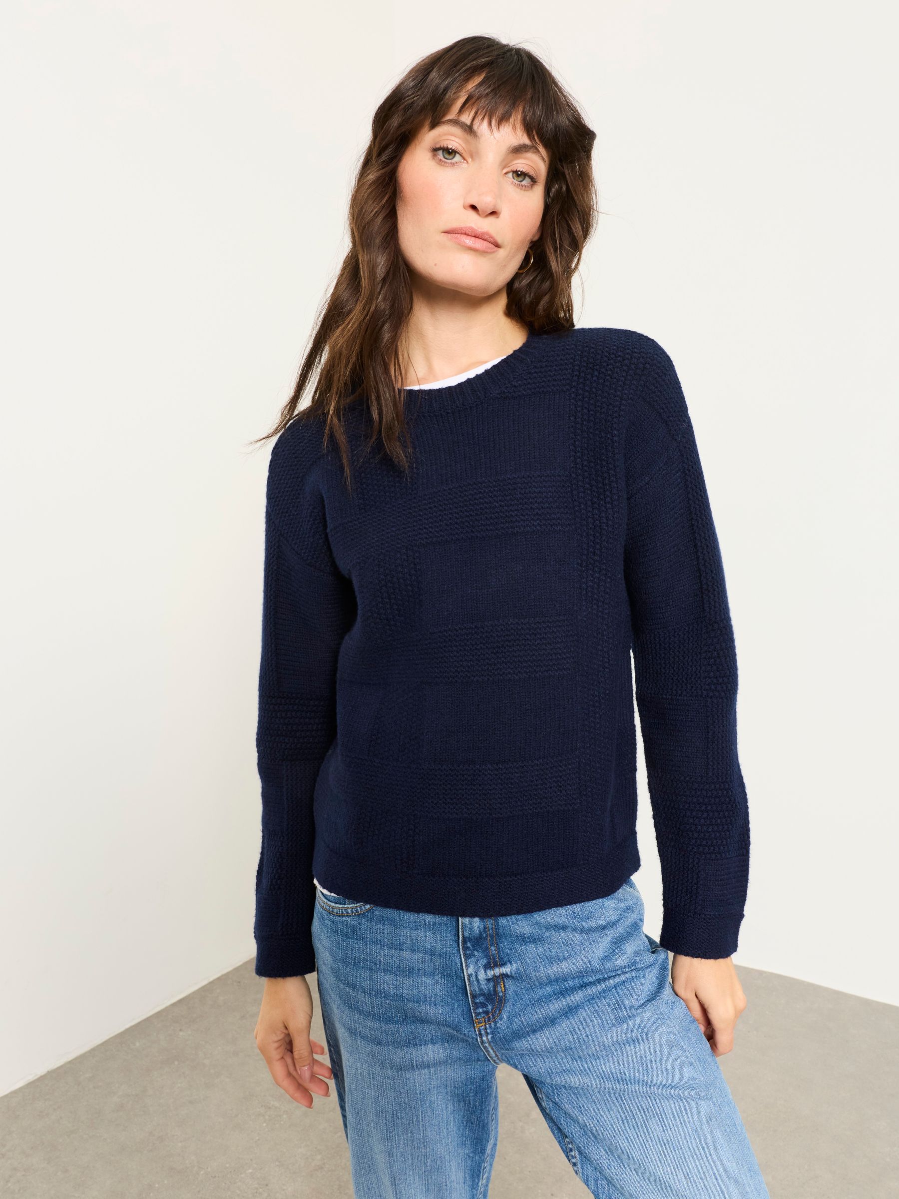 Elouise Navy Knitted Check Crew Neck Jumper - Image 1 of 6