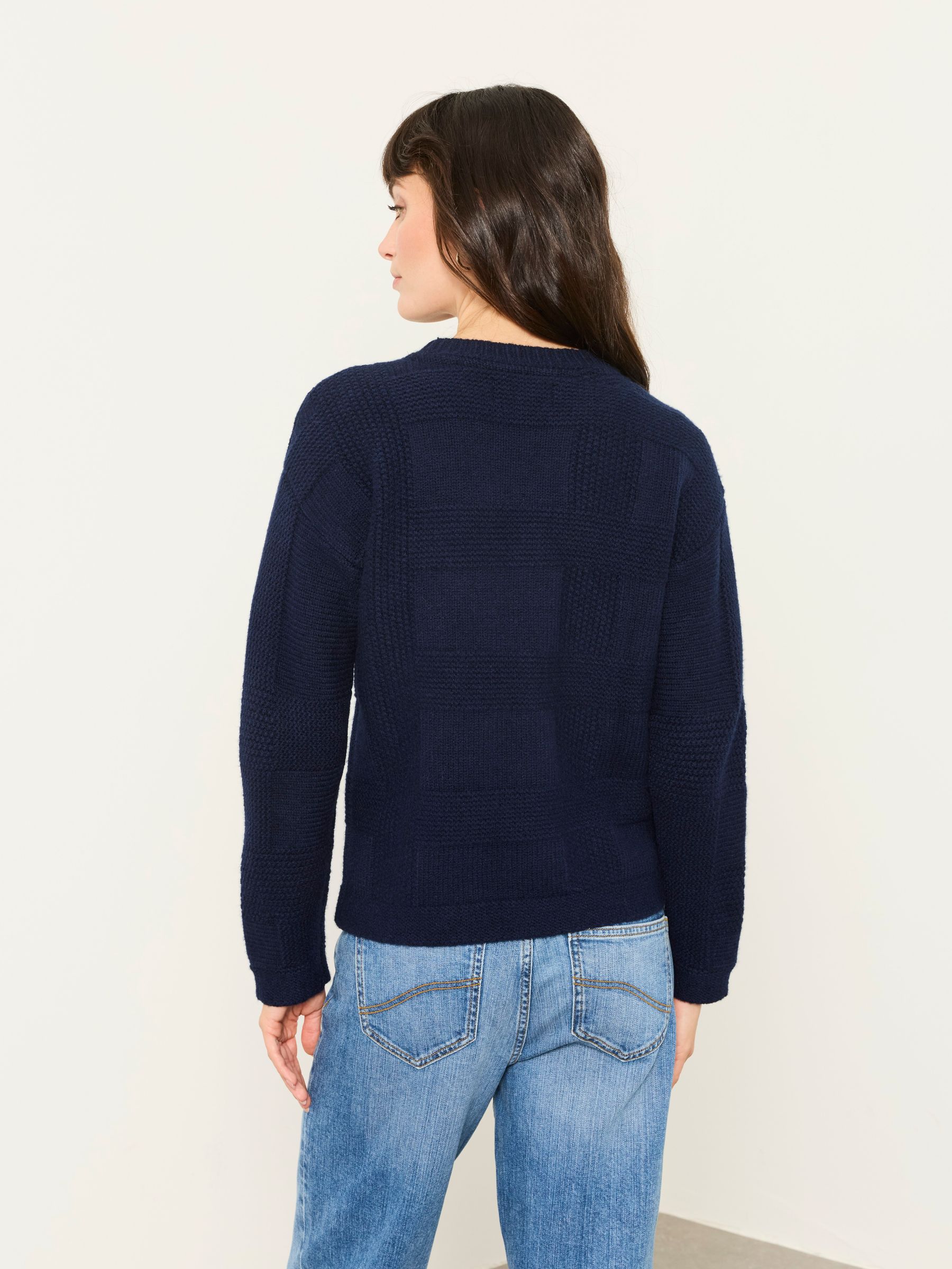 Elouise Navy Knitted Check Crew Neck Jumper - Image 2 of 6 Elouise Navy Knitted Check Crew Neck Jumper - Image 2 of 6