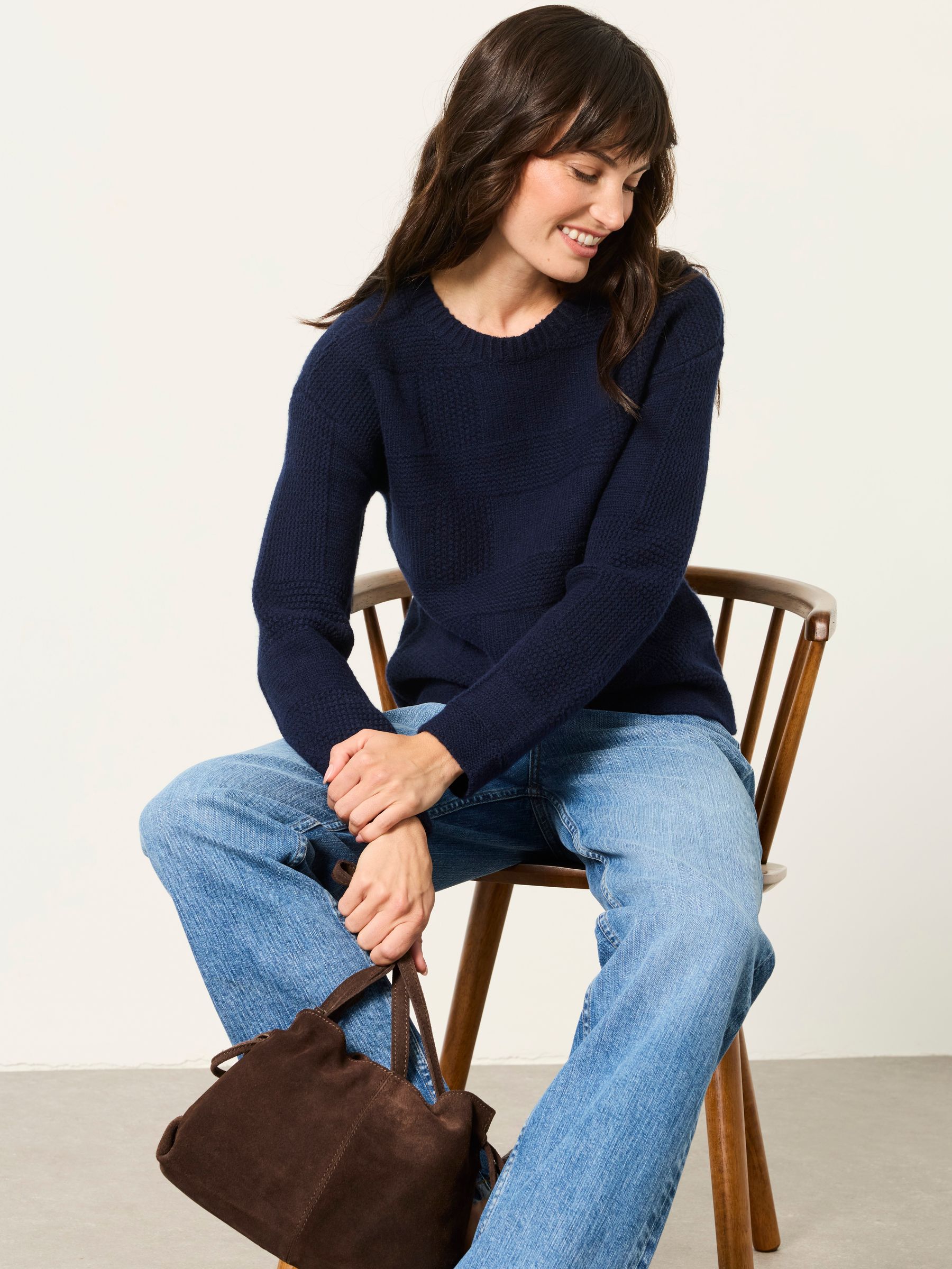 Elouise Navy Knitted Check Crew Neck Jumper - Image 5 of 6